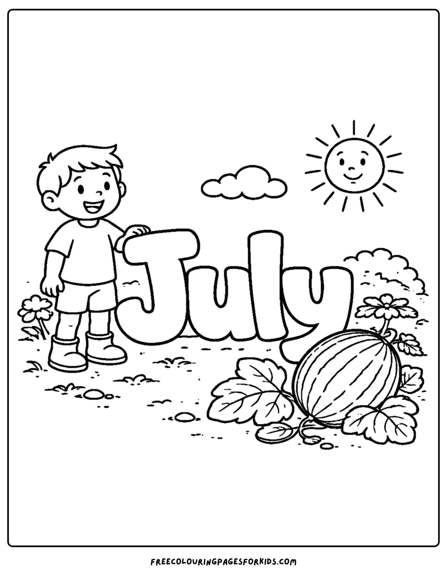 a july coloring page showing the word july in a watermelon patch