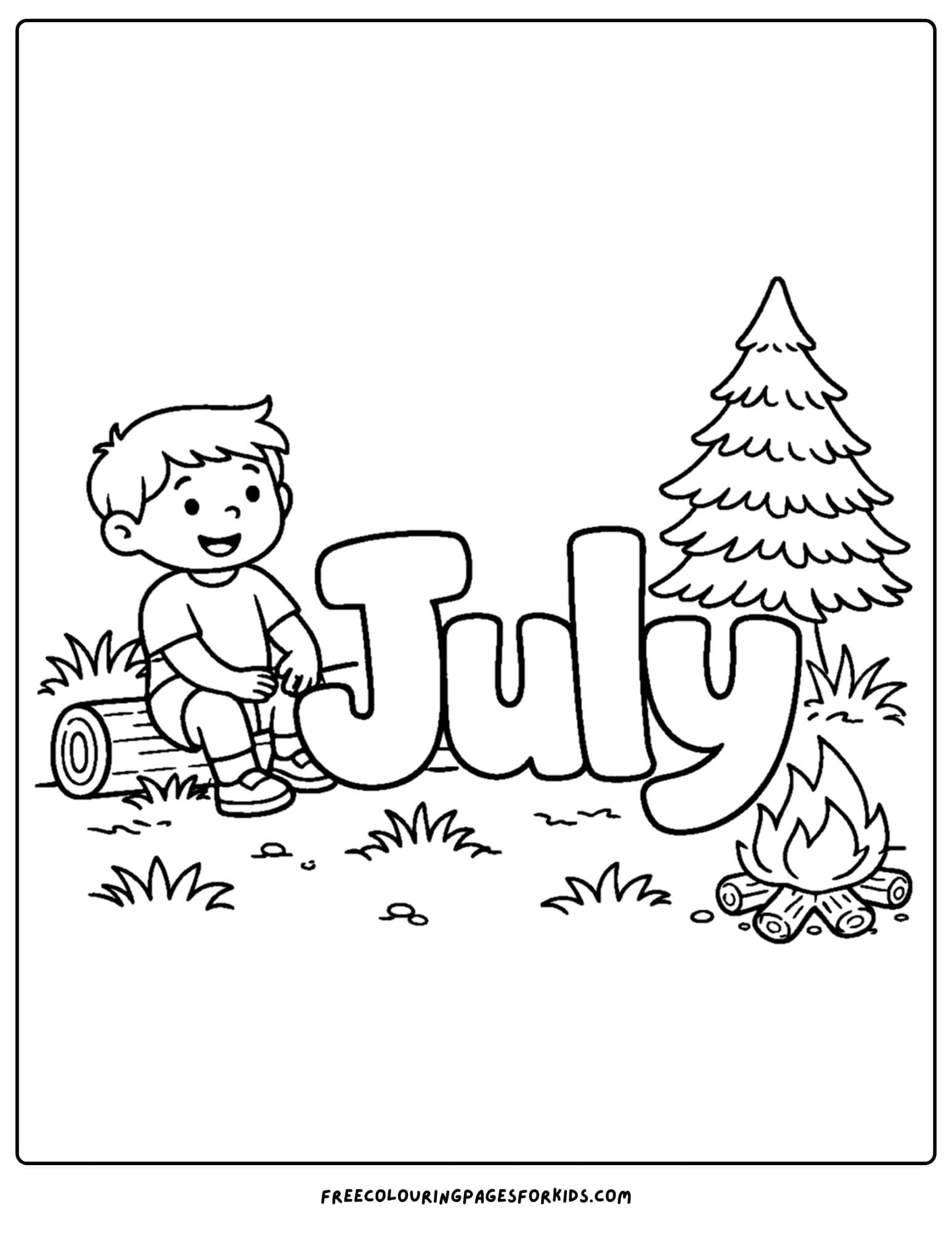 a july coloring page showing the word july with a campfire and child