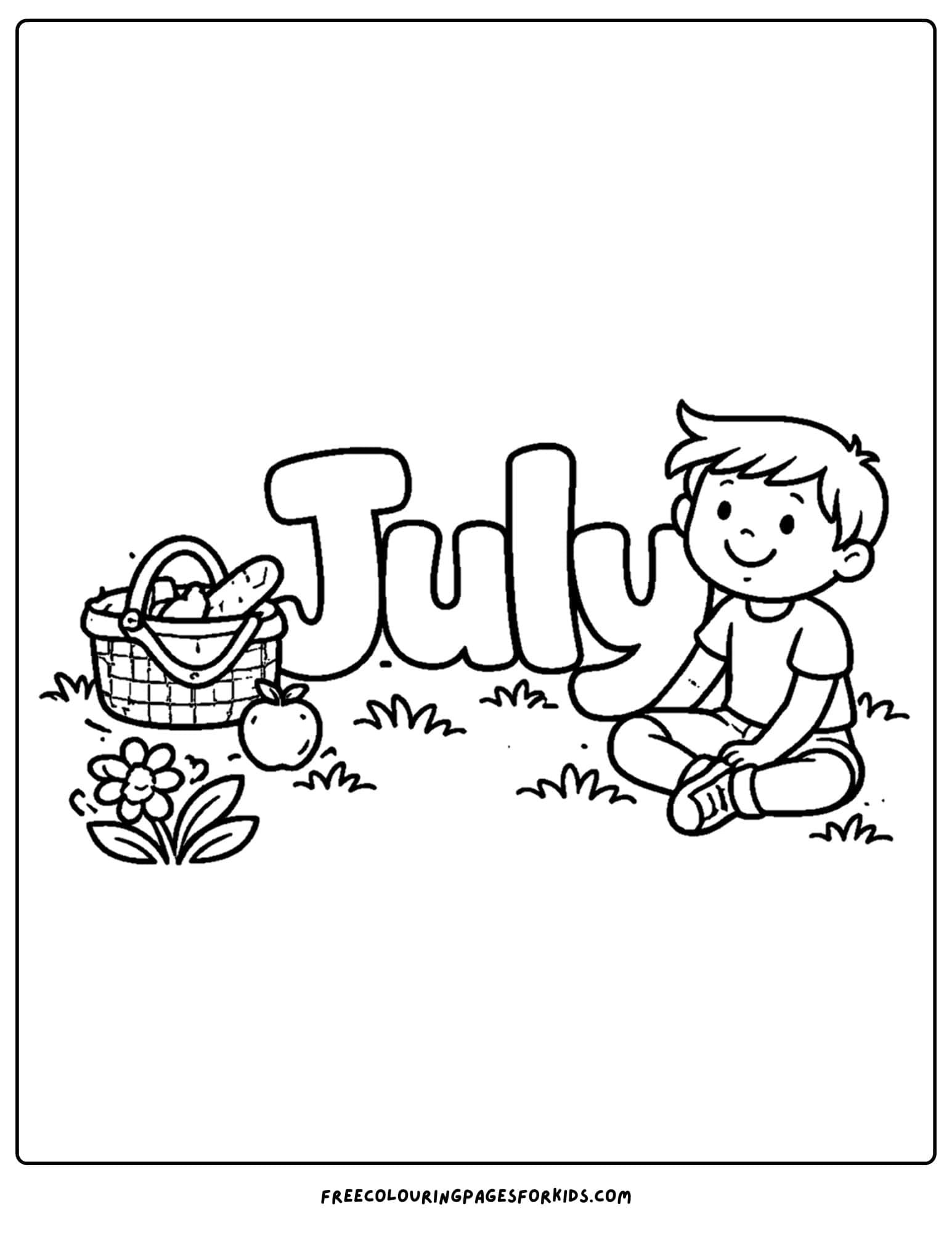 a july coloring page showing the word july having a picnic with a child