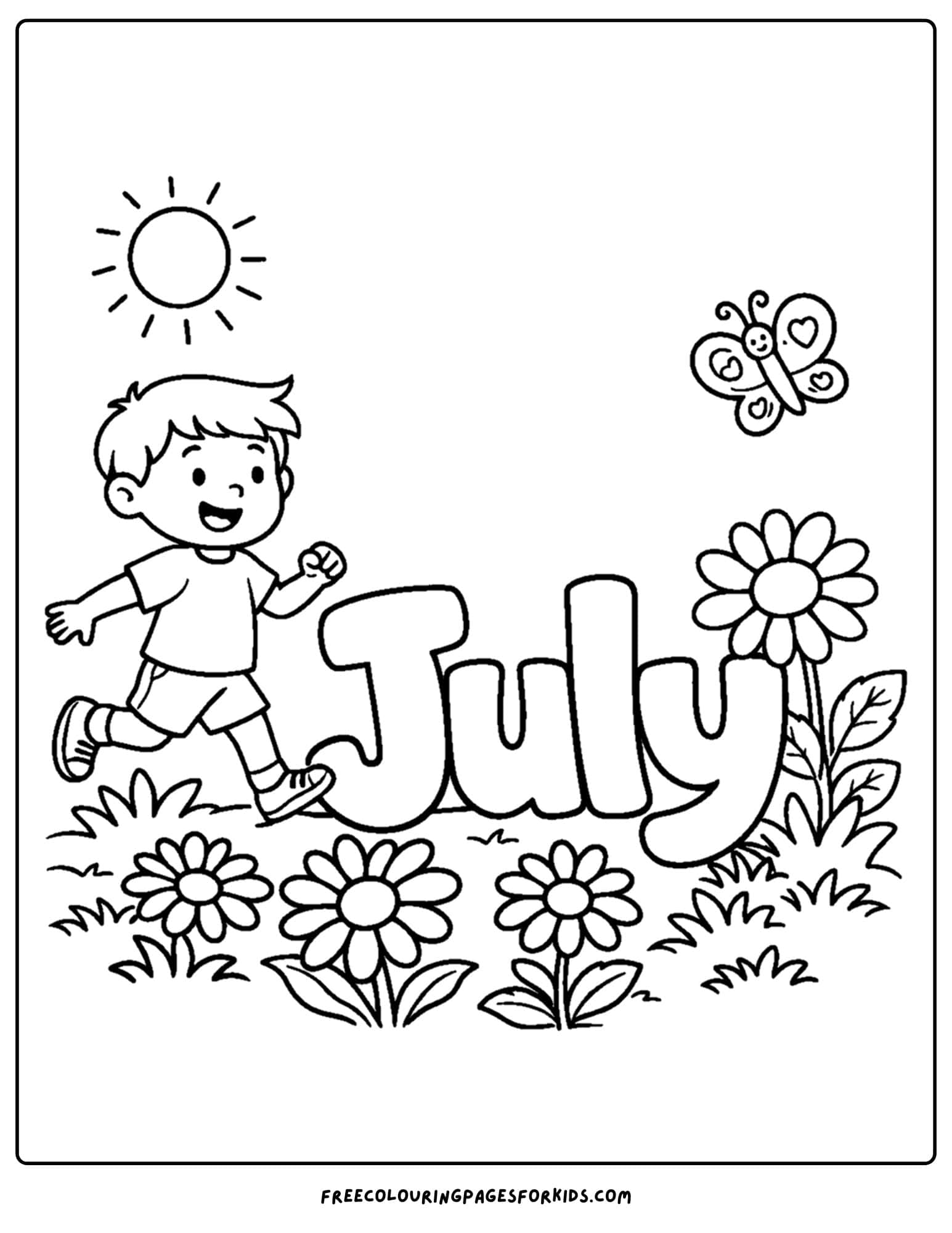 a july coloring page showing the word july with a child and daisies