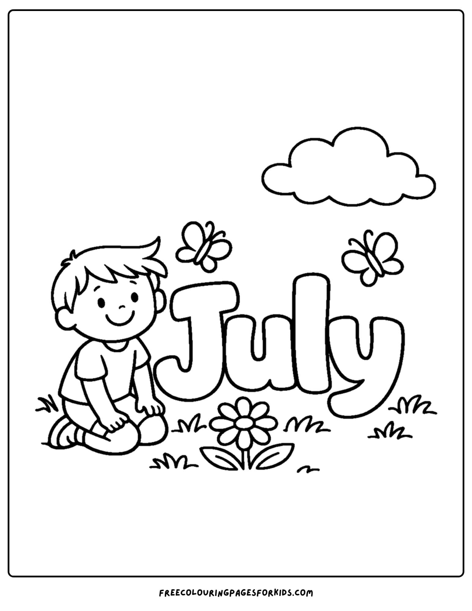 a july coloring page showing the word july with a child in a field