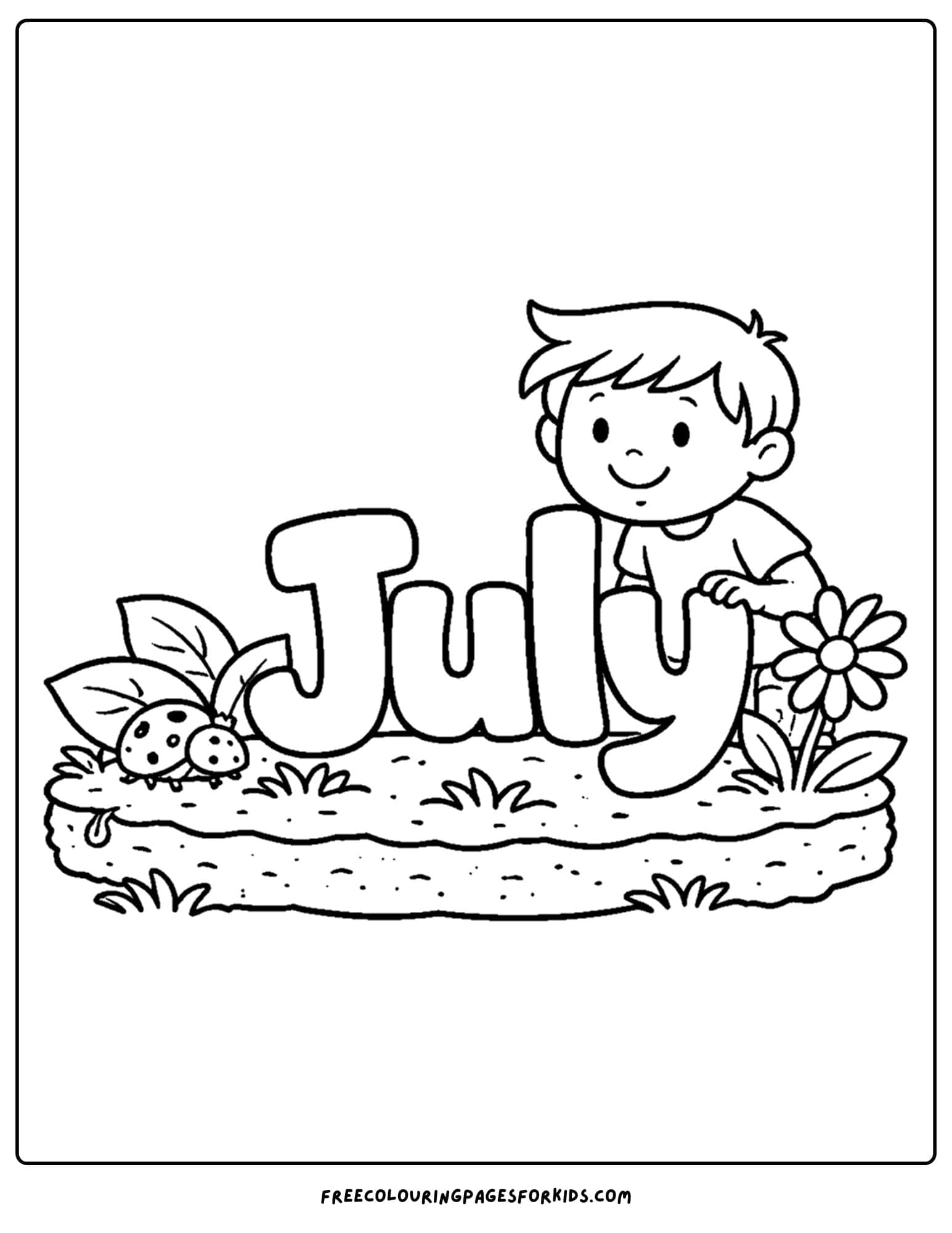a july coloring page showing the word july in a garden with a child