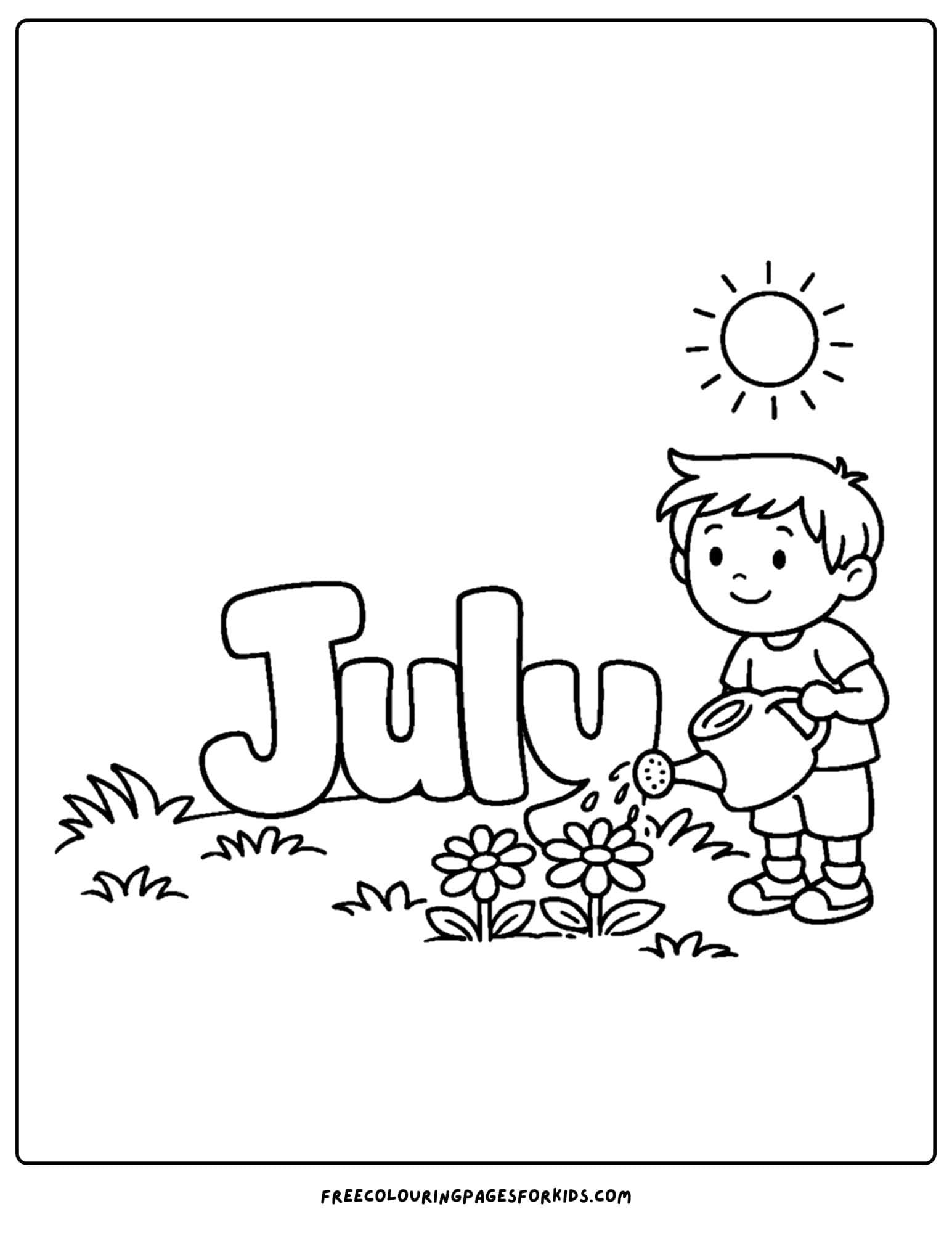 a july coloring page showing the word july with a child watering plants