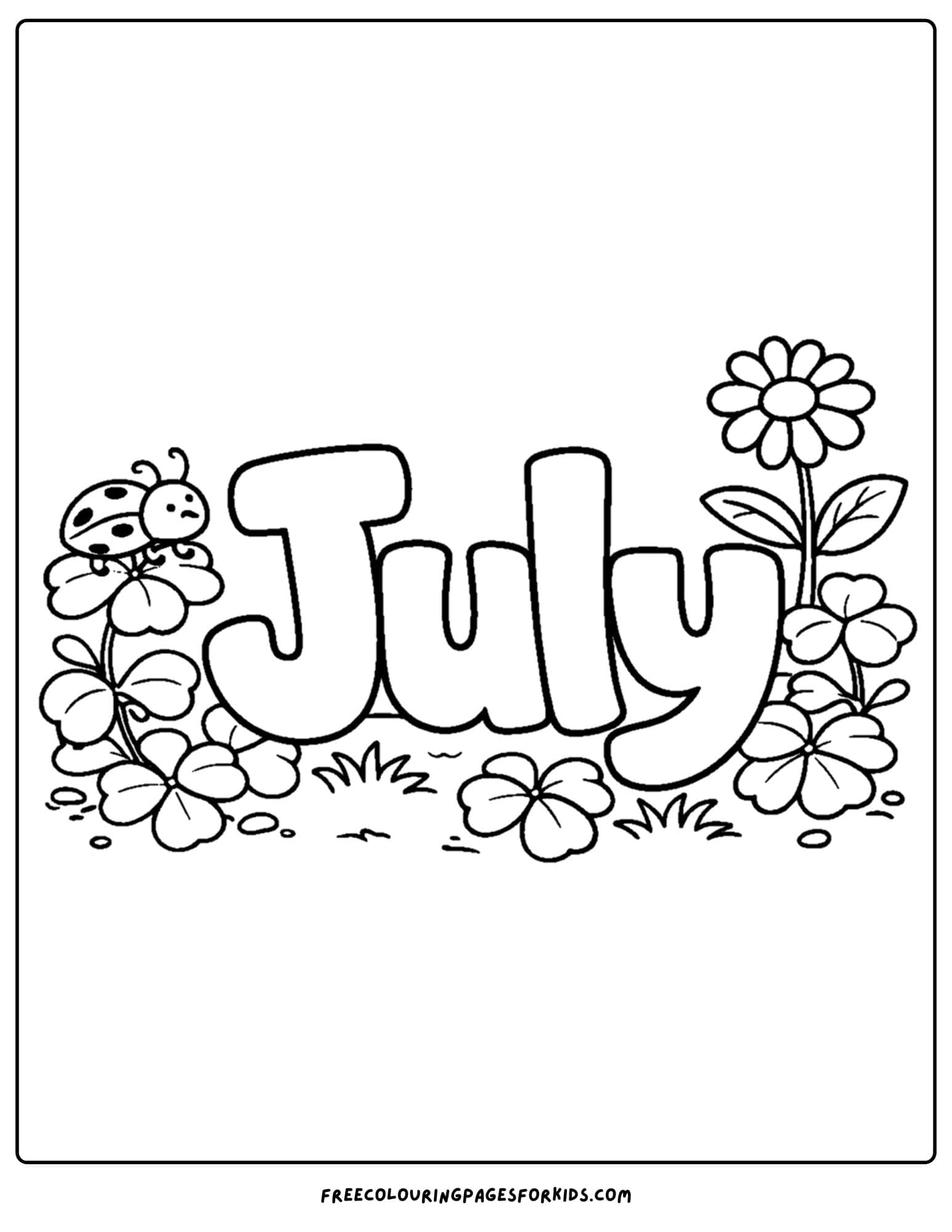 a july coloring page showing the word july in a clover patch