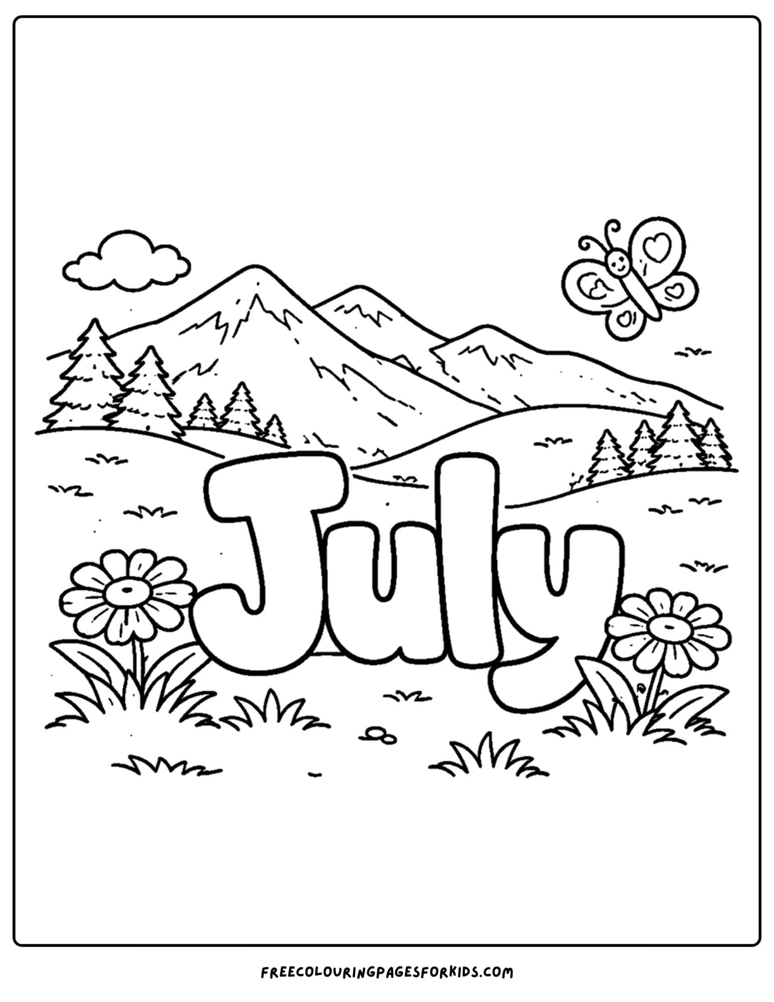 a july coloring page showing the word july in a meadow in front of a mountain
