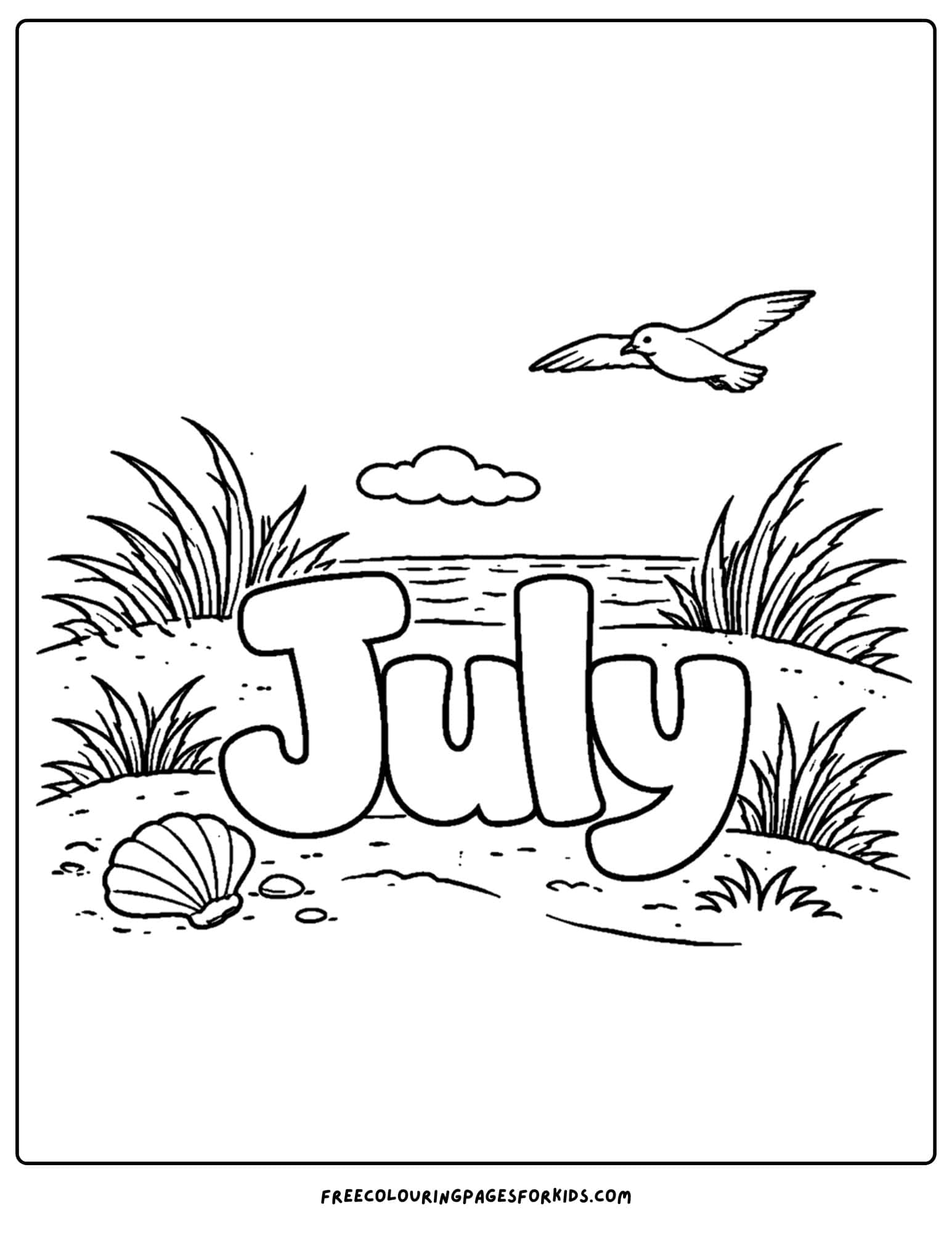 a july coloring page showing the word july sitting in the dunes by the seaside