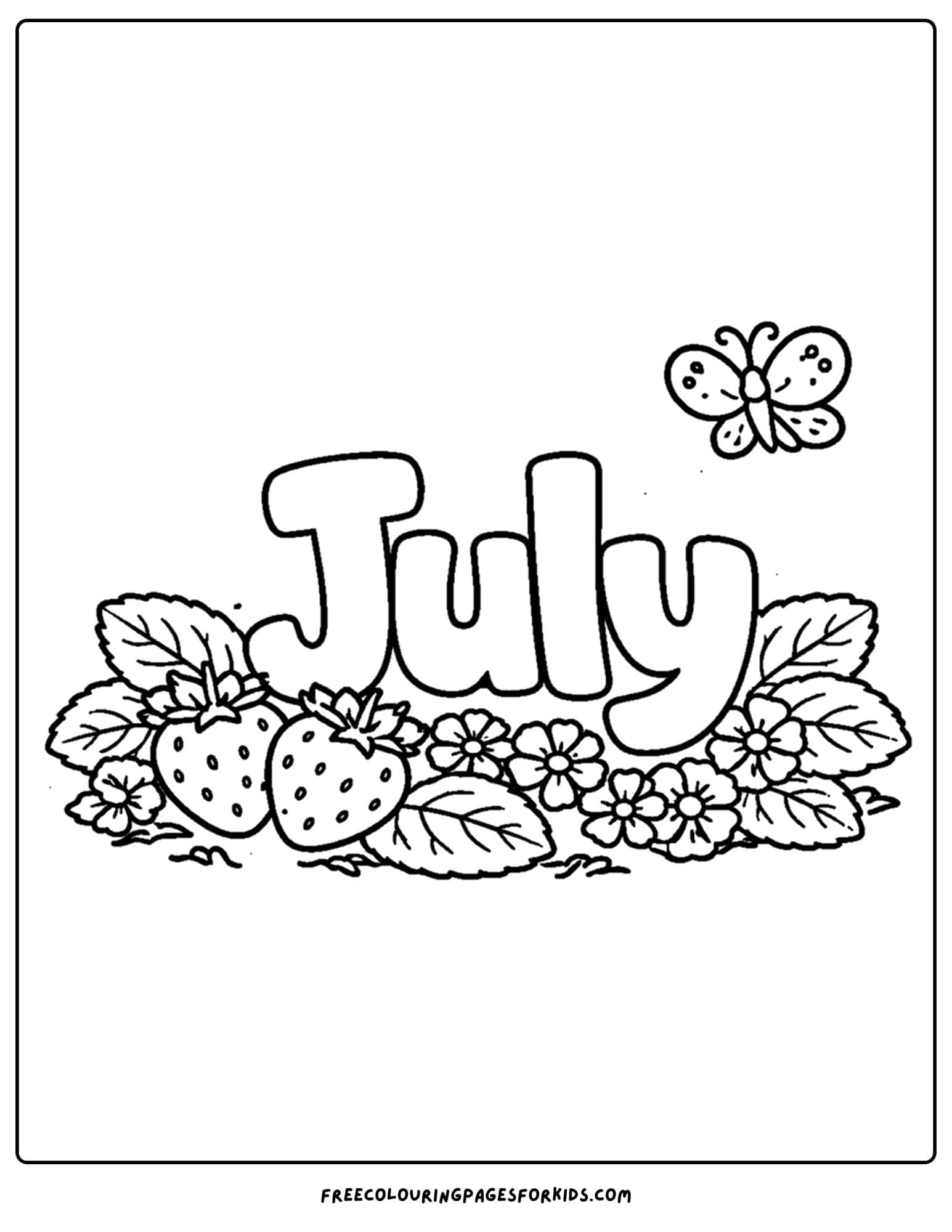 a july coloring page showing the word july in a strawberry patch