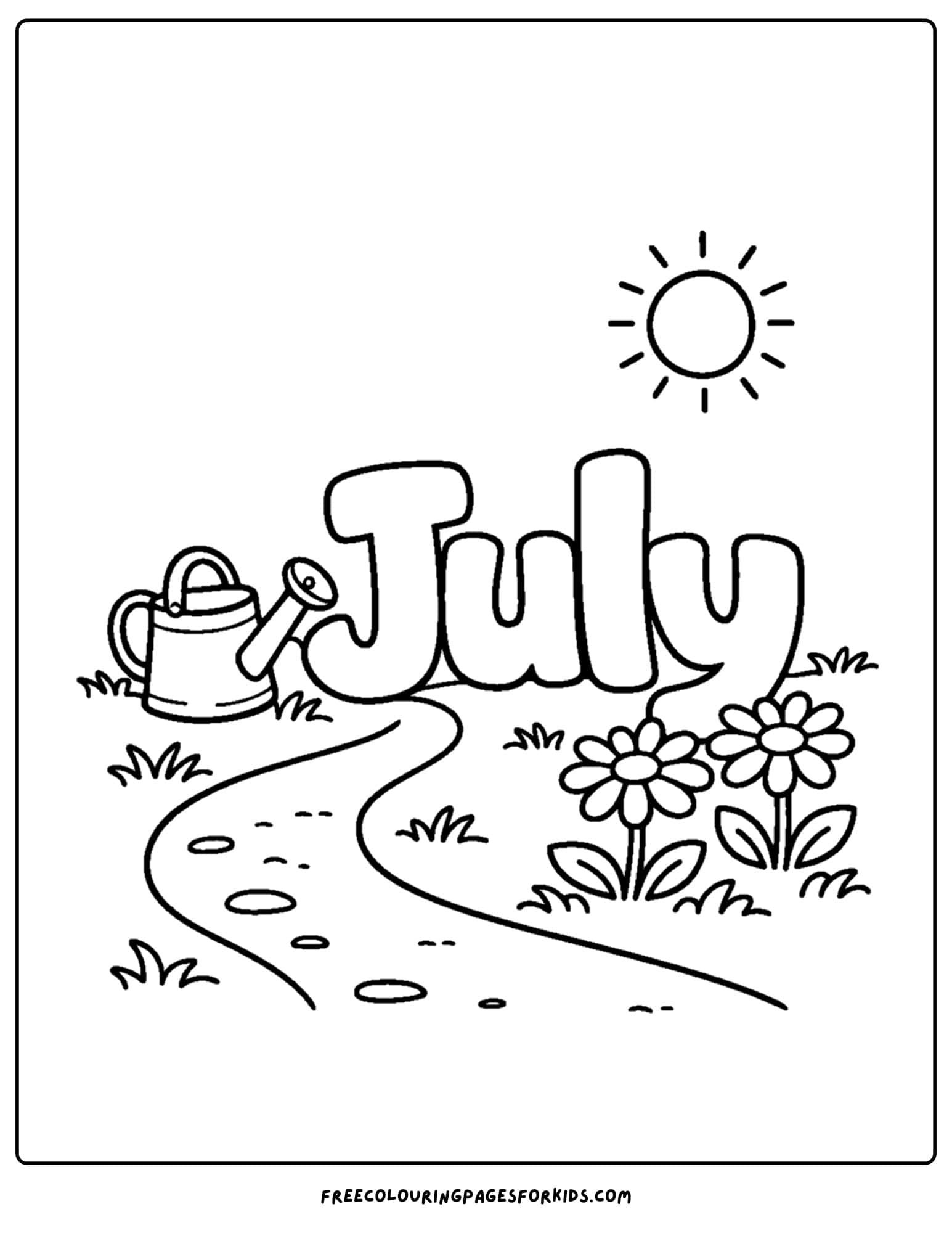 a july coloring page showing the word july on a garden path