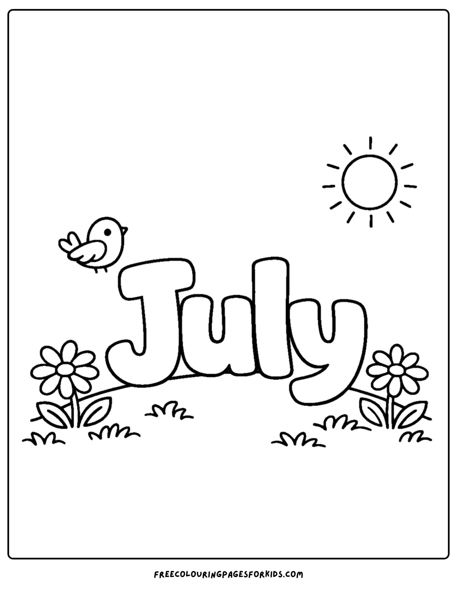 a july coloring page showing the word july sitting on a hill