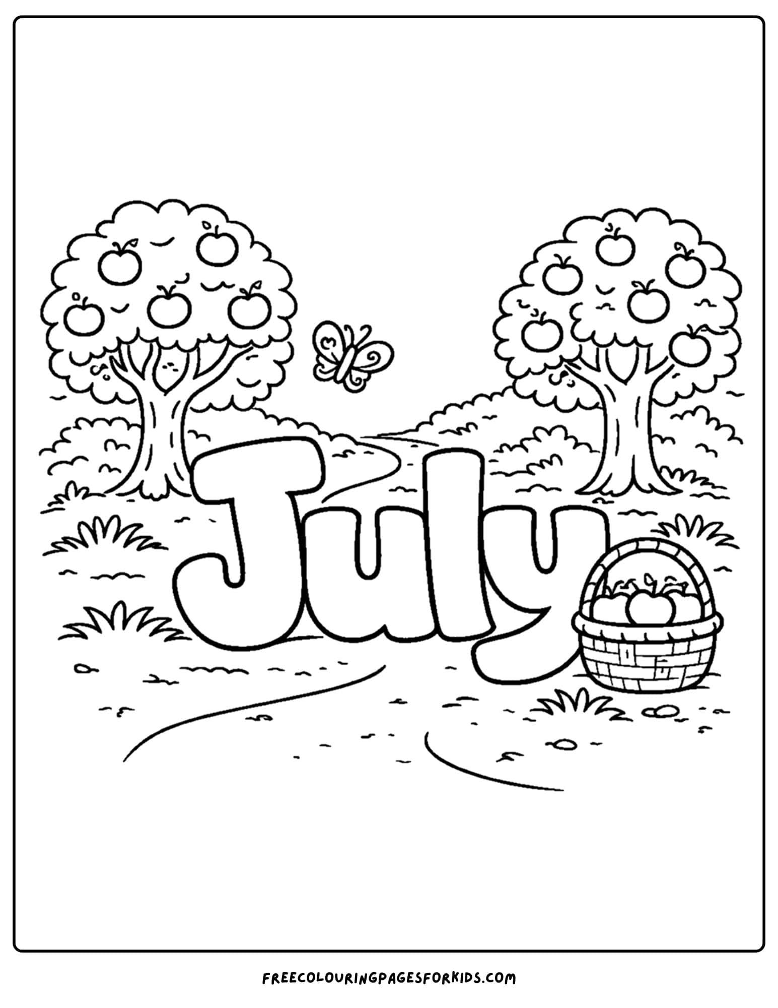 a july coloring page showing the word july in an apple orchard