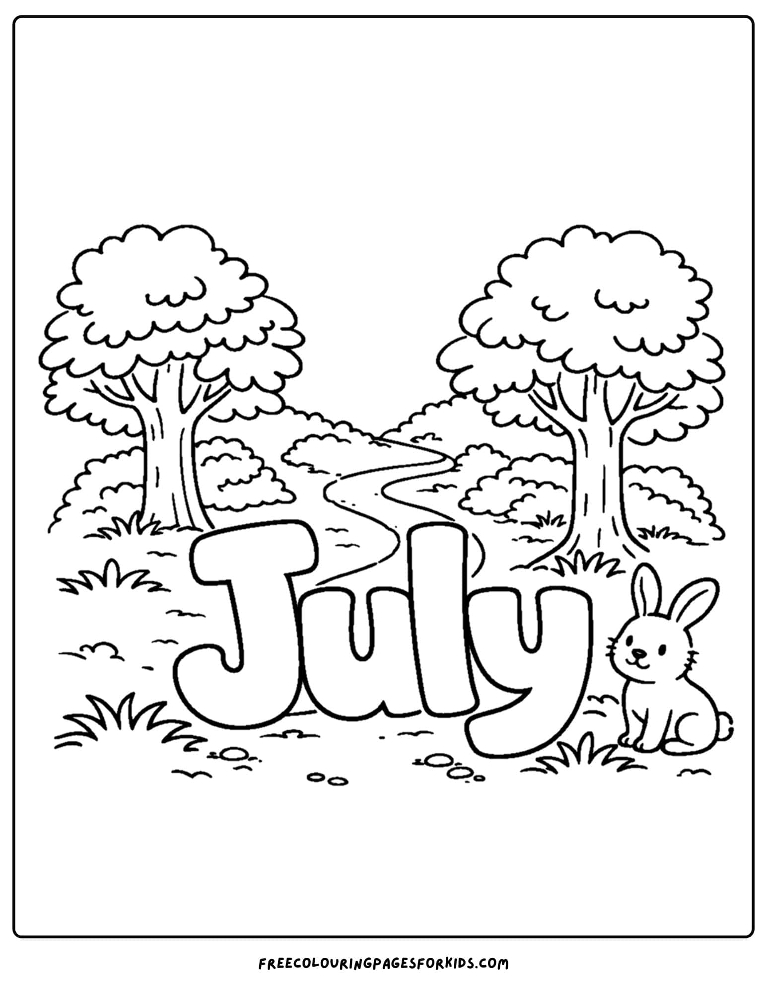 a july coloring page showing the word july on a woodland path with a rabbit