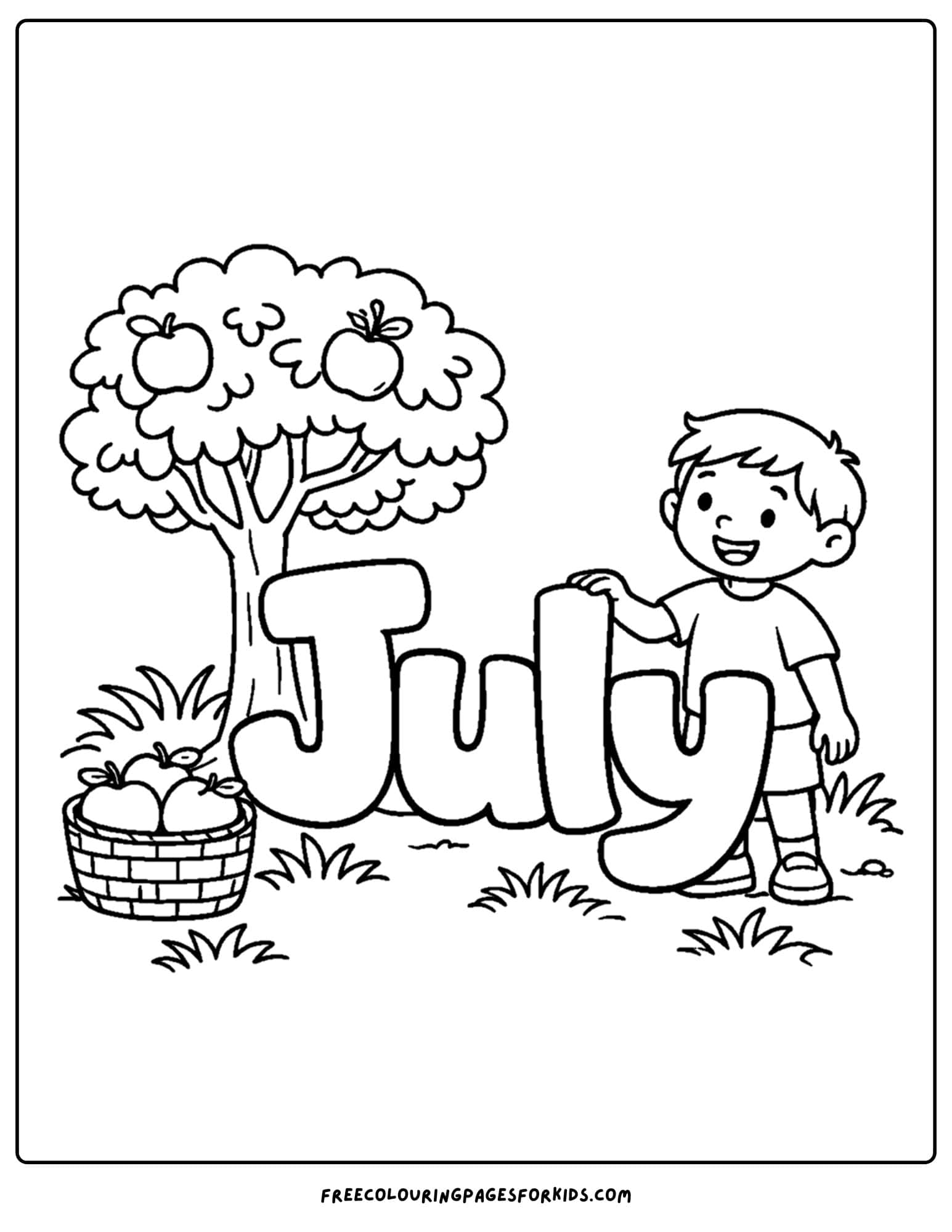 a july coloring page showing the word july under an apple tree with a child