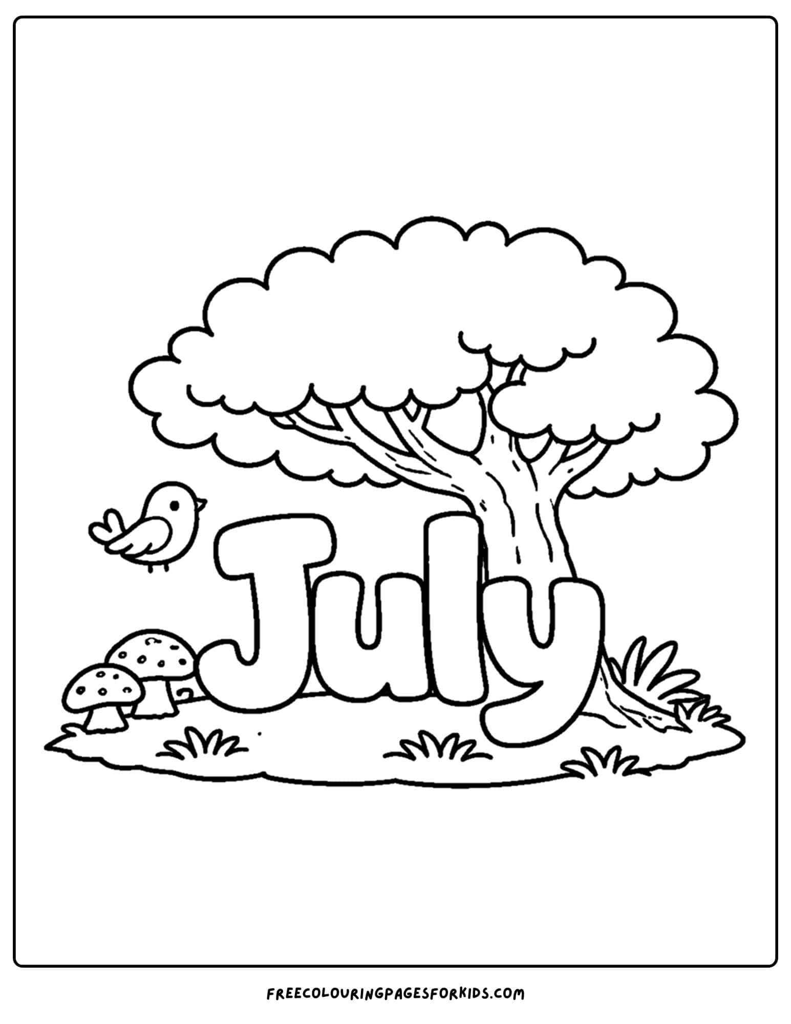 a july coloring page showing the word july under a tree