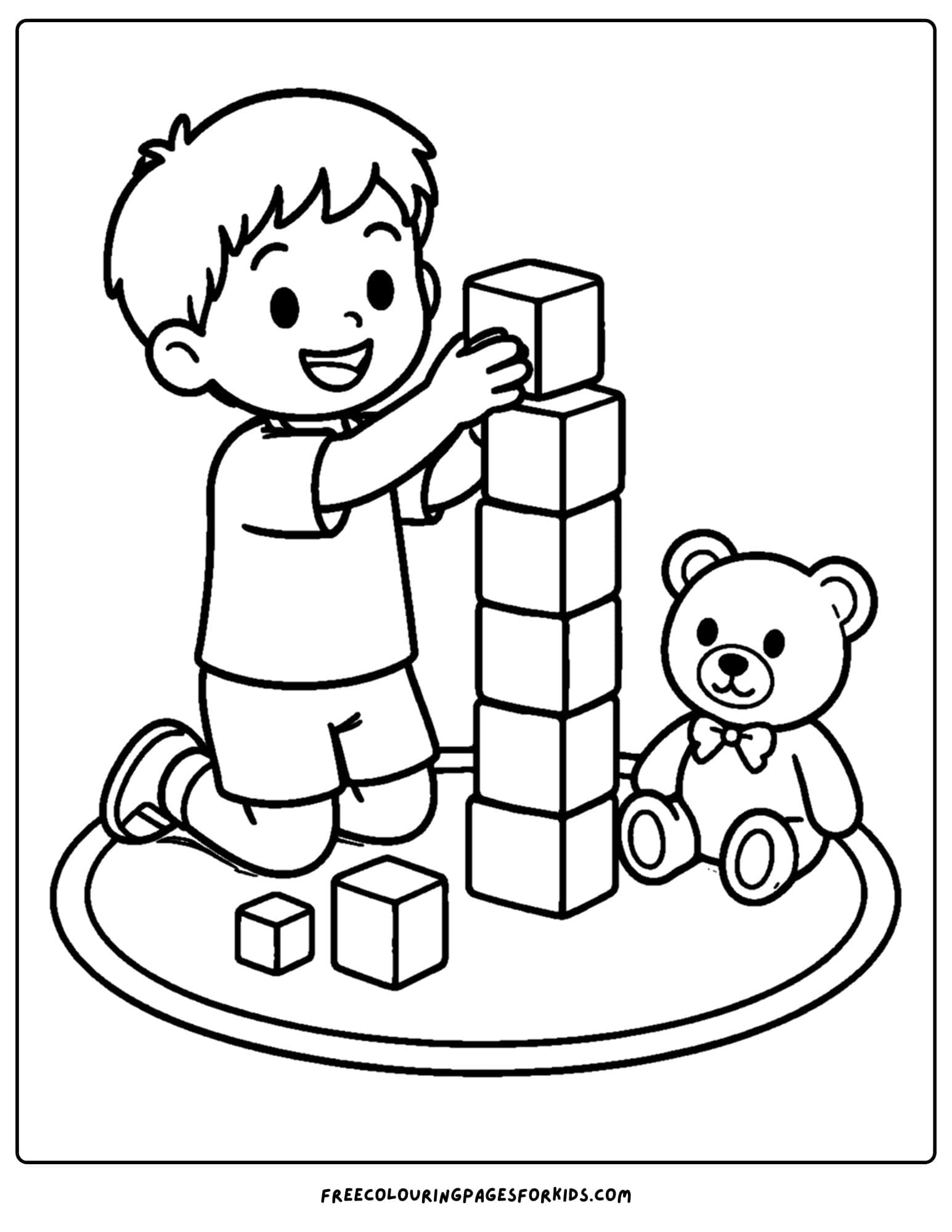 a kindergarten coloring page showing a child stacking blocks into a tower