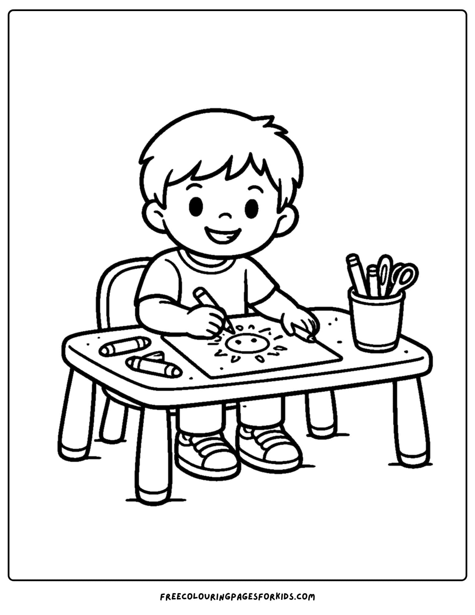 a kindergarten coloring page showing a child sitting a table drawing a picture