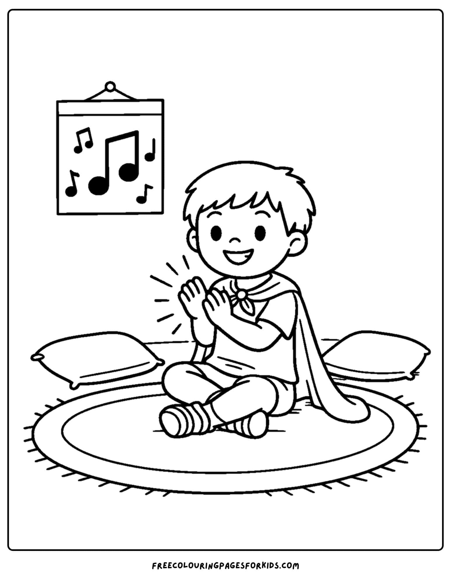 a kindergarten coloring page showing a child clapping their hands to make music