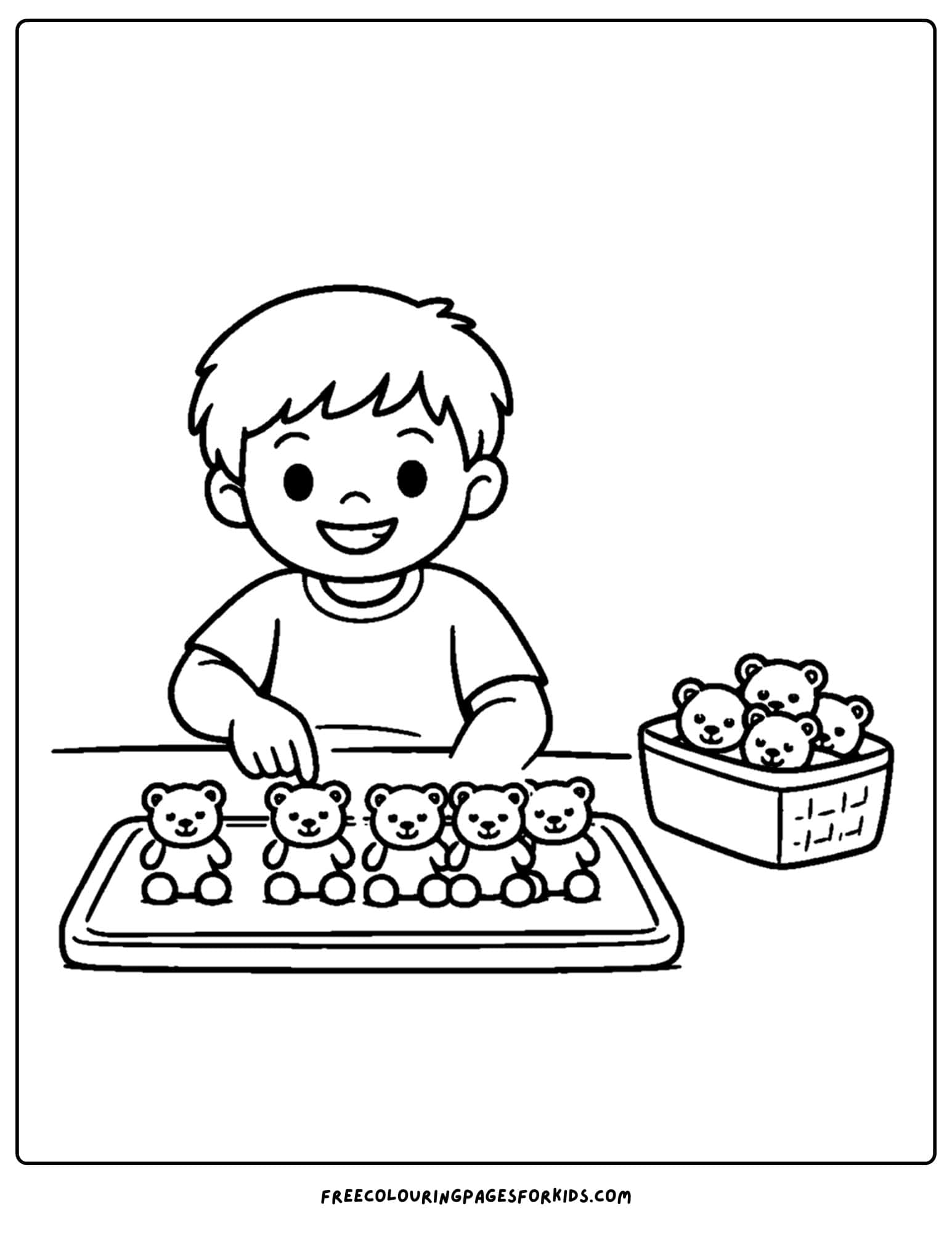 a kindergarten coloring page showing a child counting teddy bears
