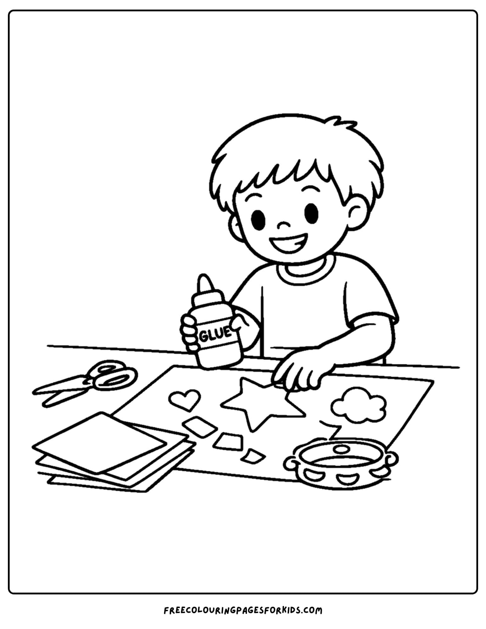 a kindergarten coloring page showing a child making craft