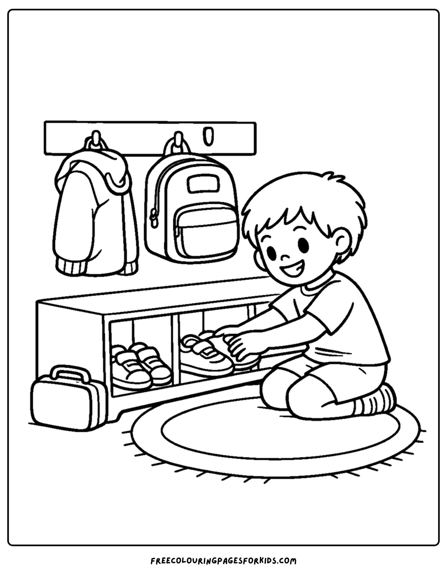 a kindergarten coloring page showing a child putting their shoes away