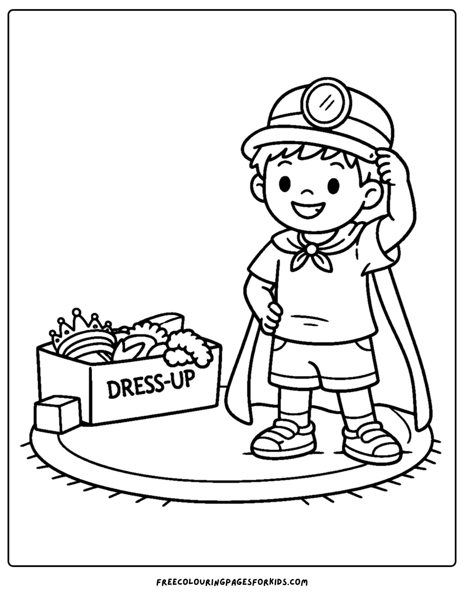 a kindergarten coloring page showing a child playing dress up