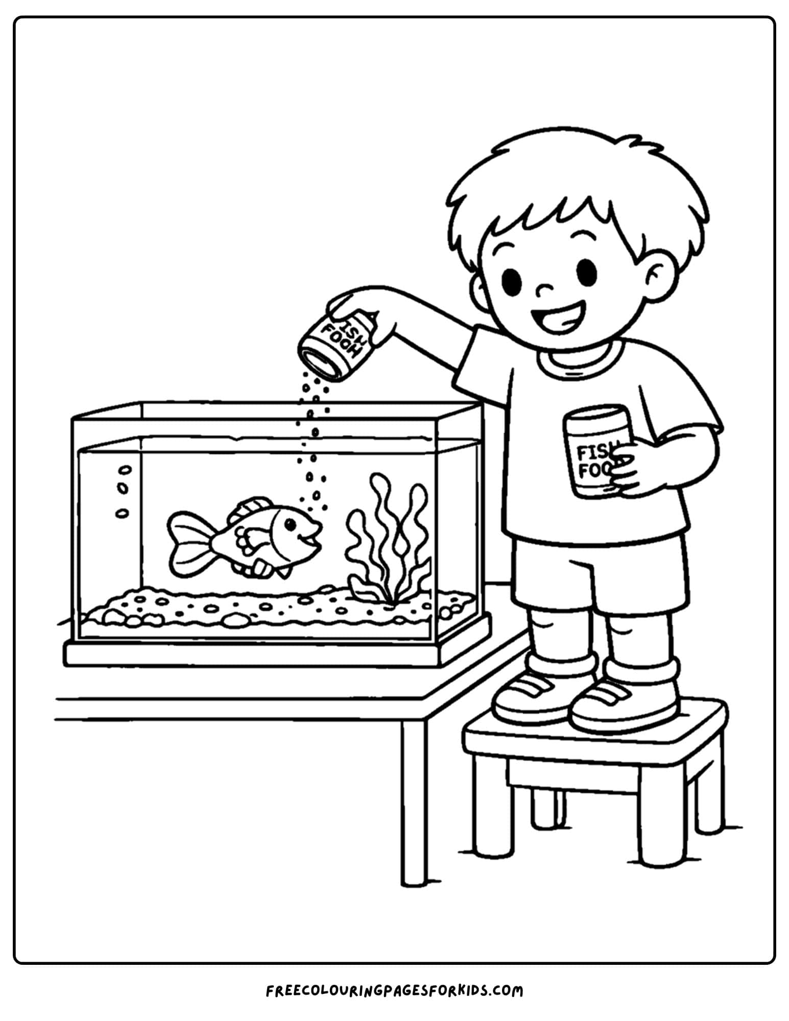 a kindergarten coloring page showing a child feeding the class fish