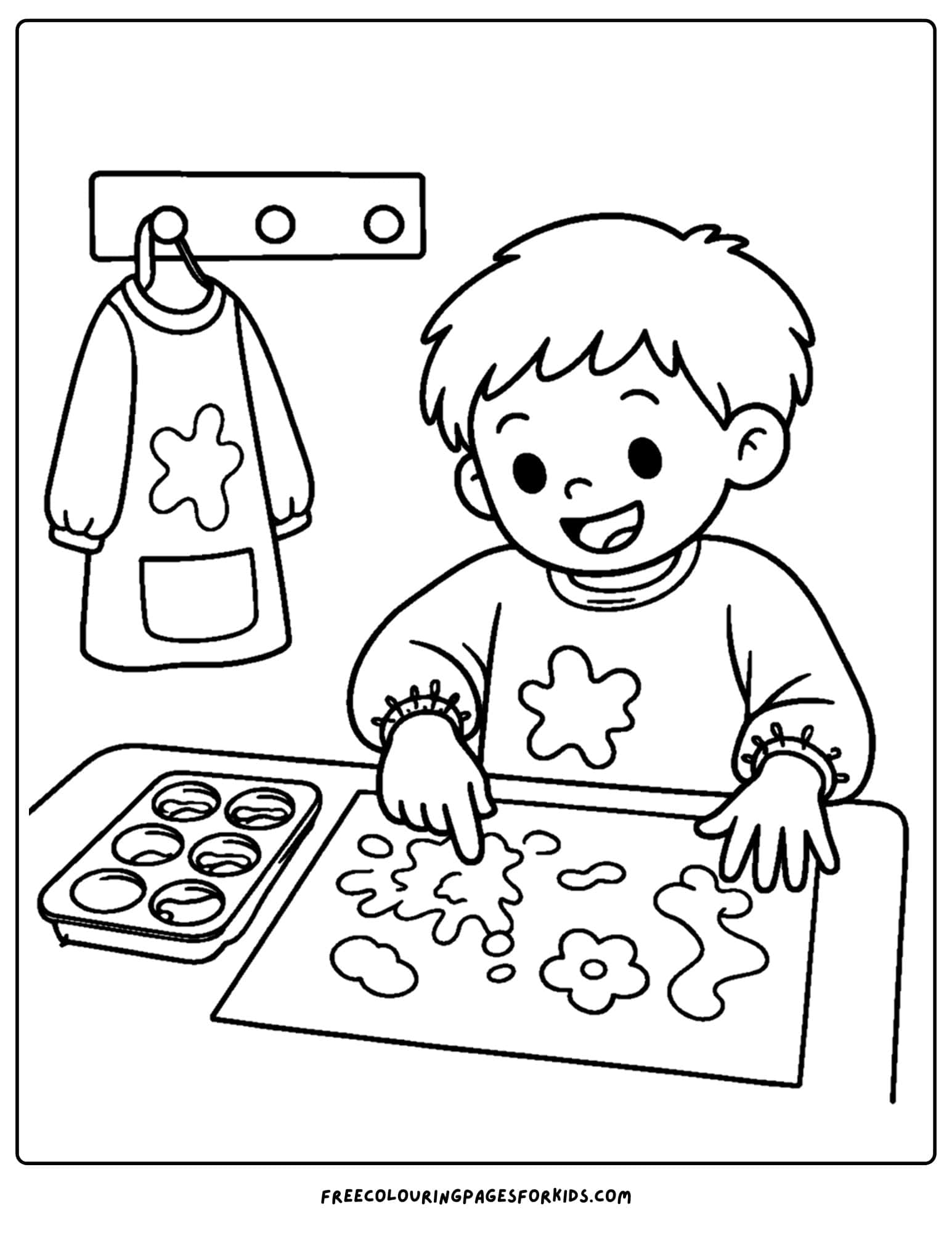 a kindergarten coloring page showing a child doing some finger painting