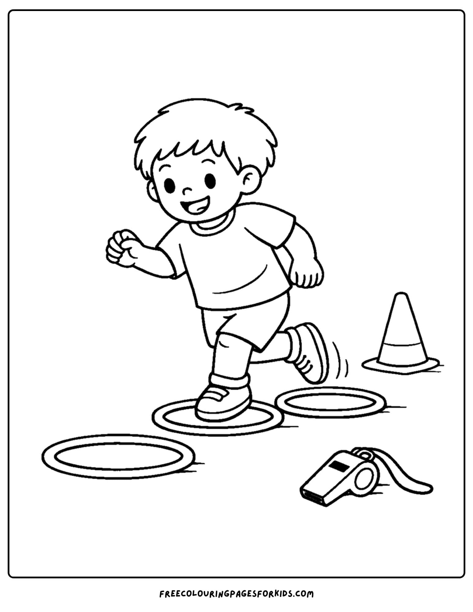 a kindergarten coloring page showing a child jumping through hoops