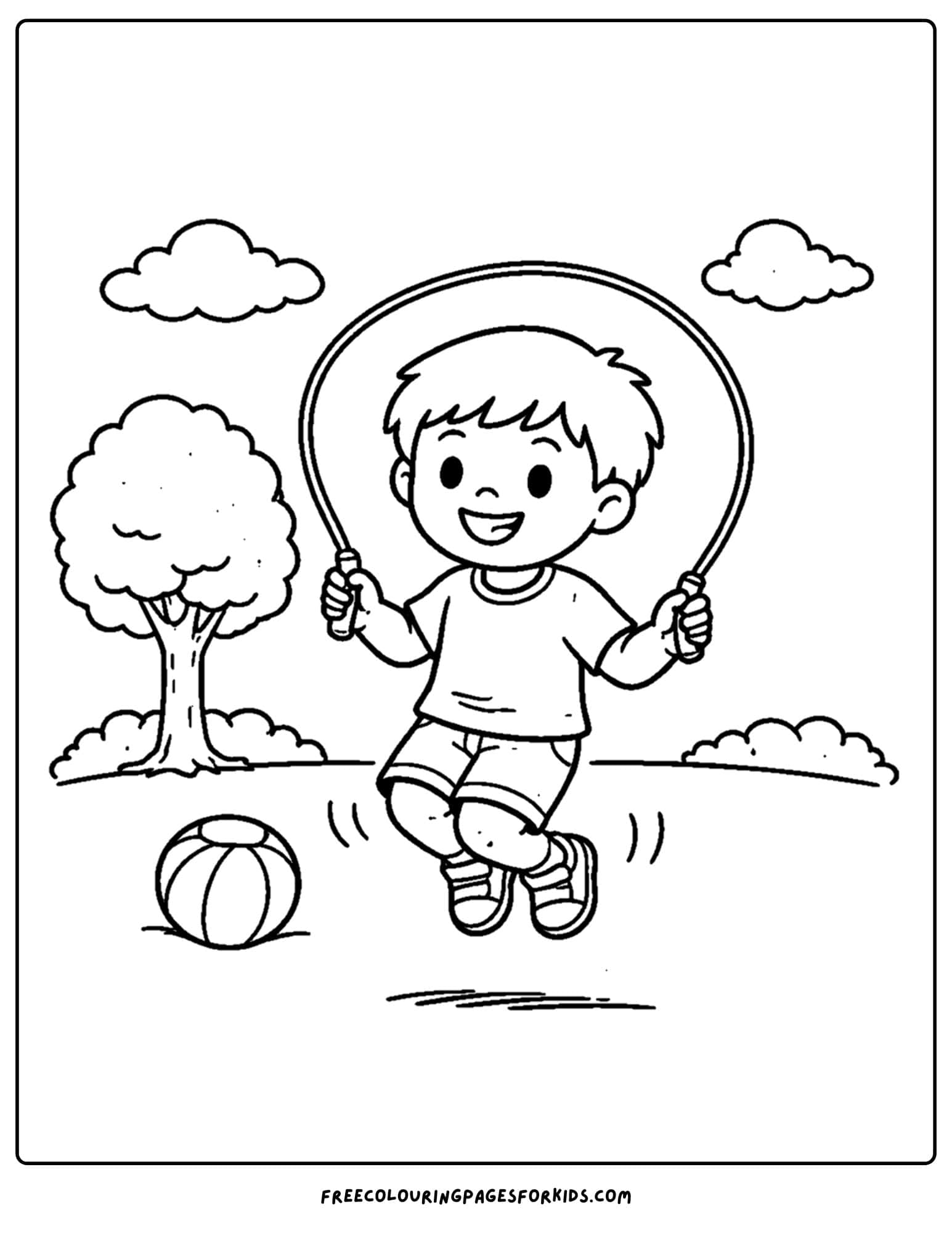 a kindergarten coloring page showing a child playing with a skipping rope