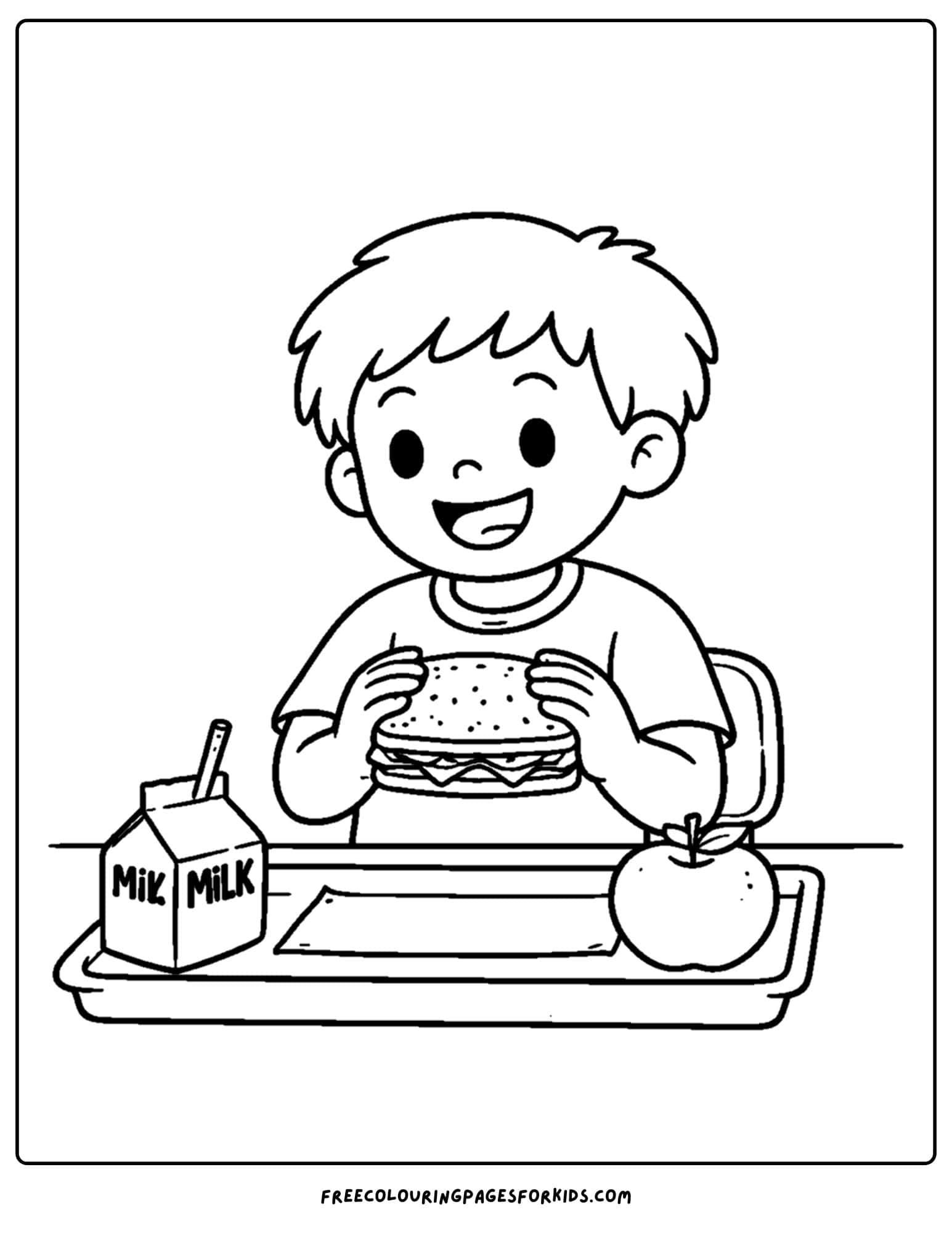 a kindergarten coloring page showing a child sitting down to eat lunch