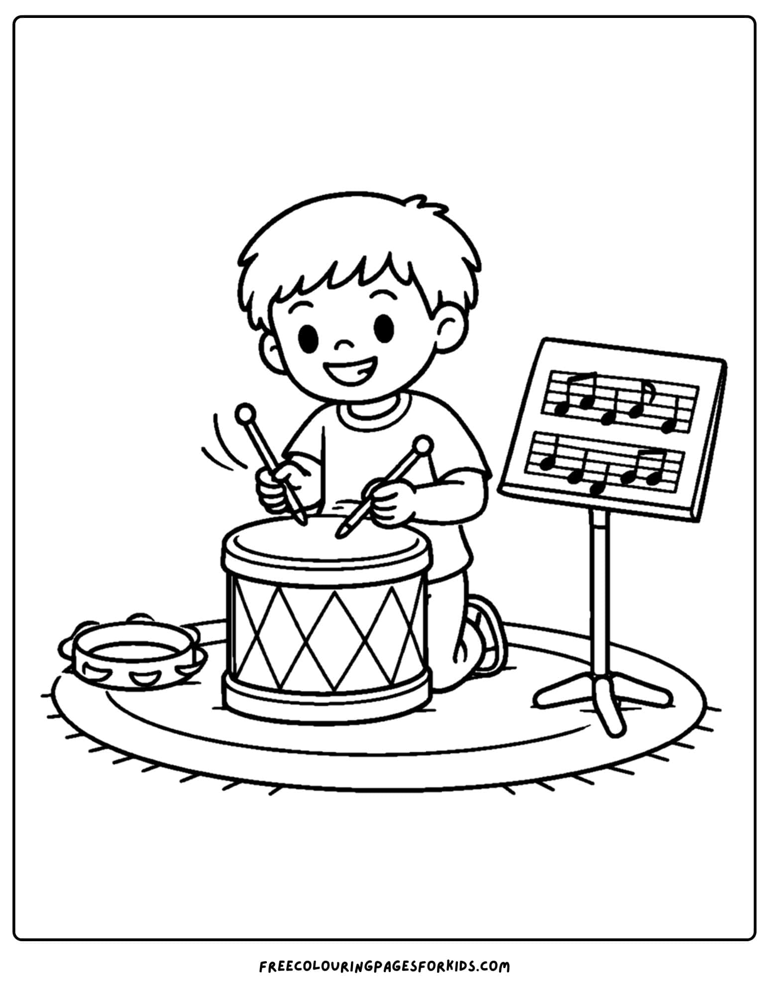 a kindergarten coloring page showing a child making music on the drum