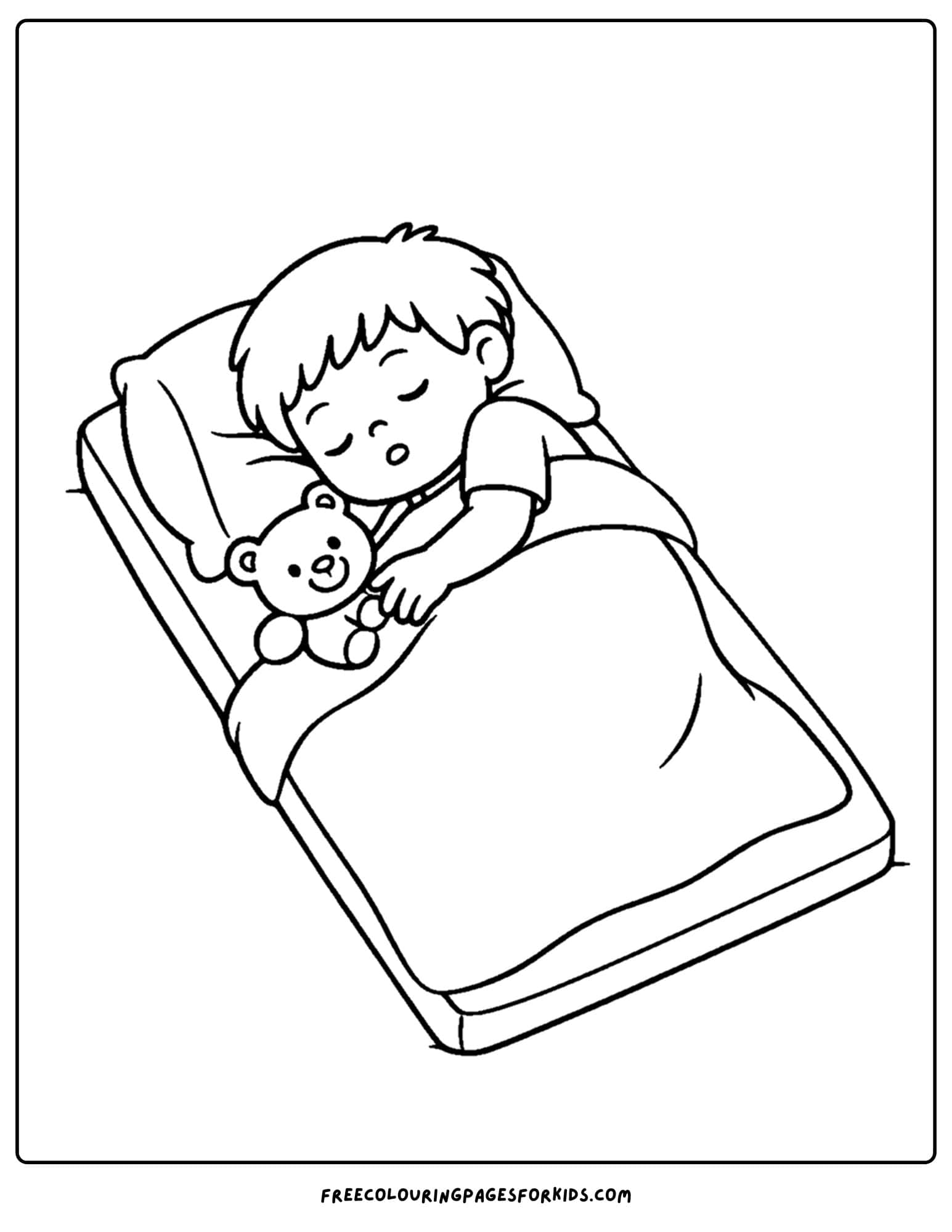 a kindergarten coloring page showing a child sleeping at nap time
