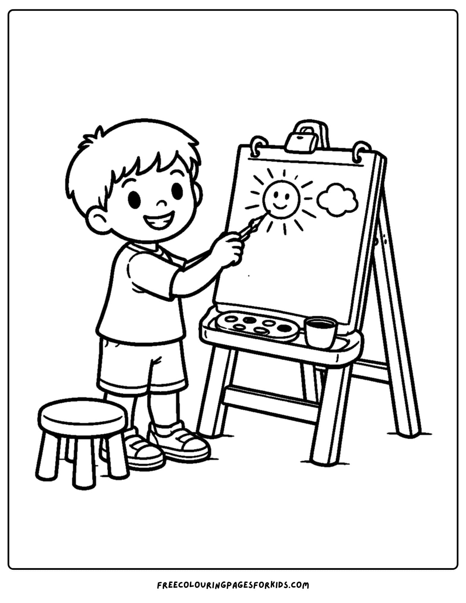 a kindergarten coloring page showing a child painting on an easel