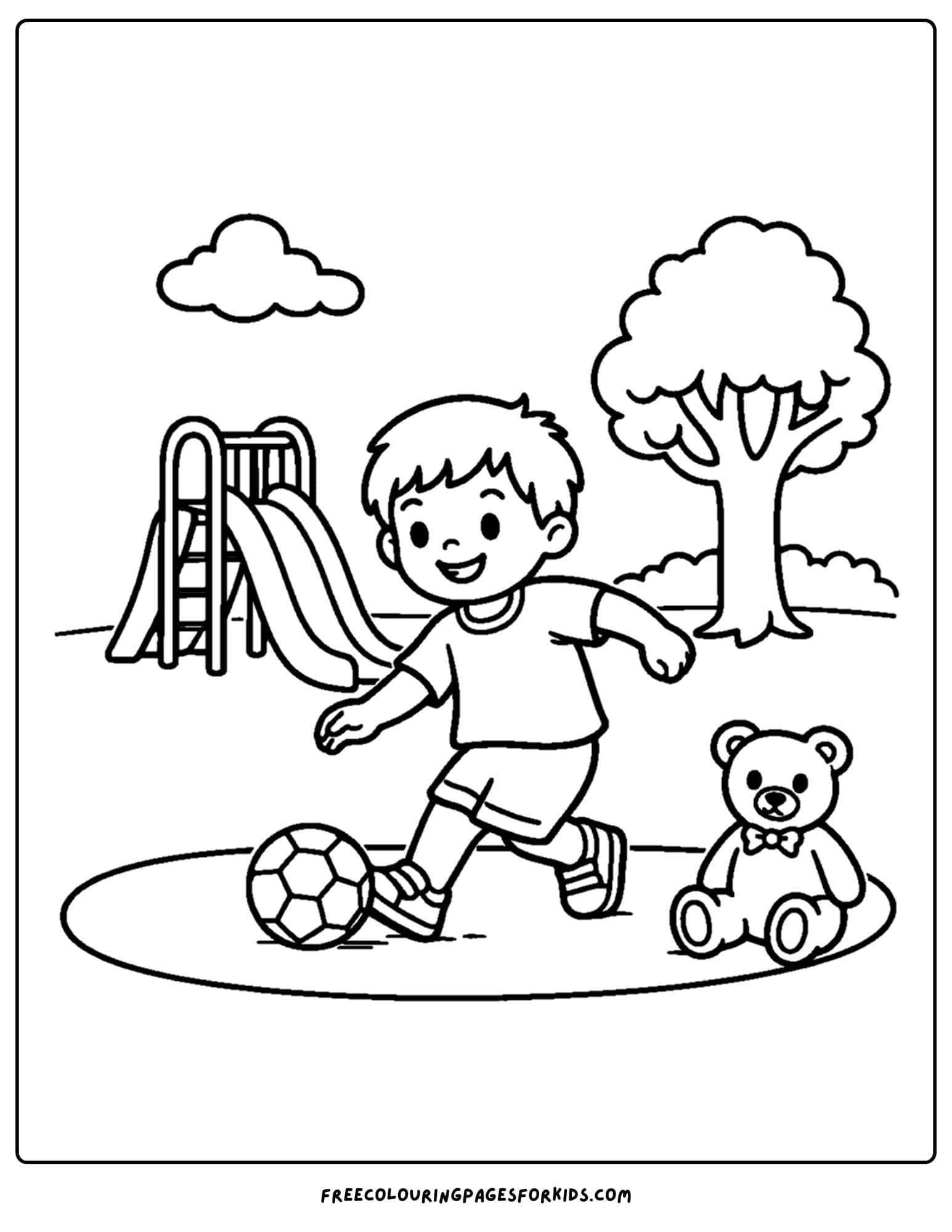 a kindergarten coloring page showing a child kicking the ball in the playground