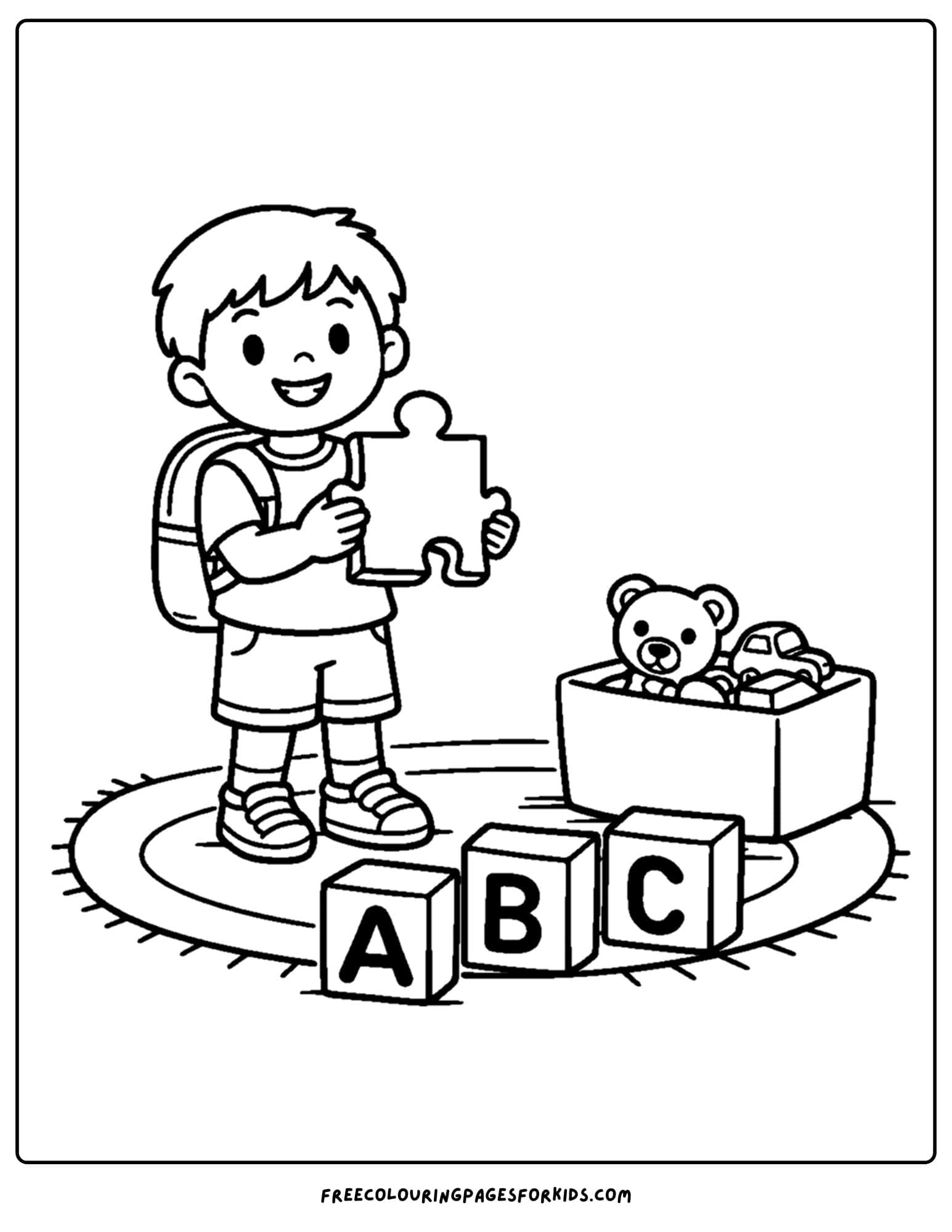 a kindergarten coloring page showing a child playing with big puzzle