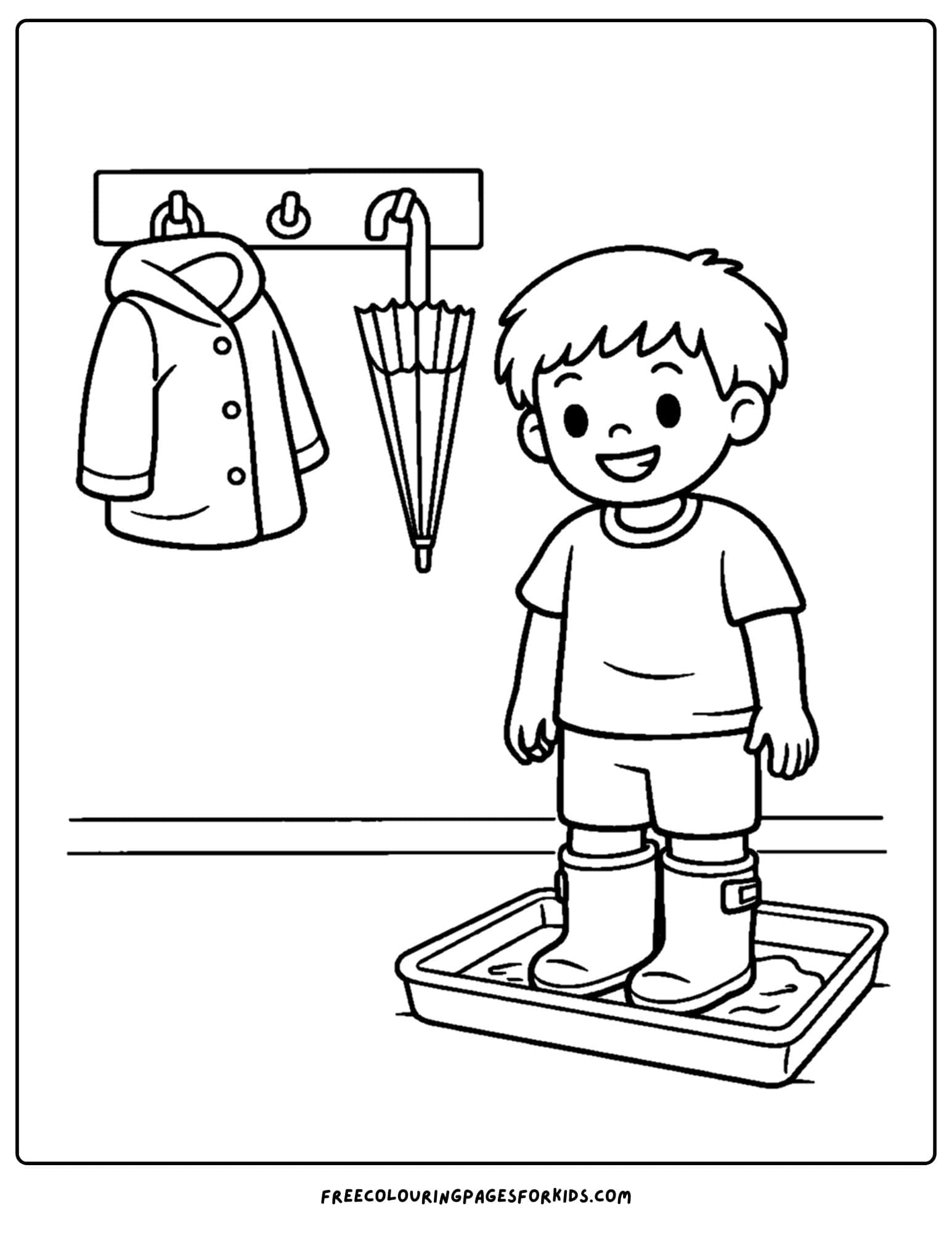 a kindergarten coloring page showing a child wiping off their boots on a wet day