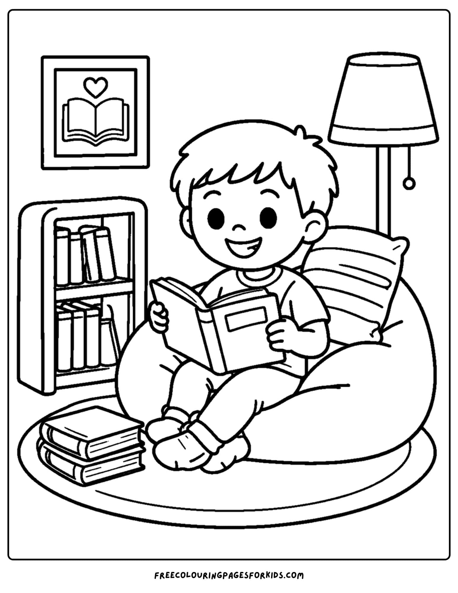 a kindergarten coloring page showing a child sitting and reading in a corner