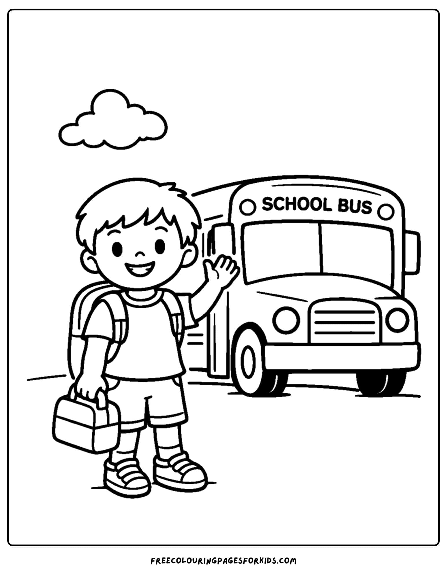a kindergarten coloring page showing a child waving in front of a school bus