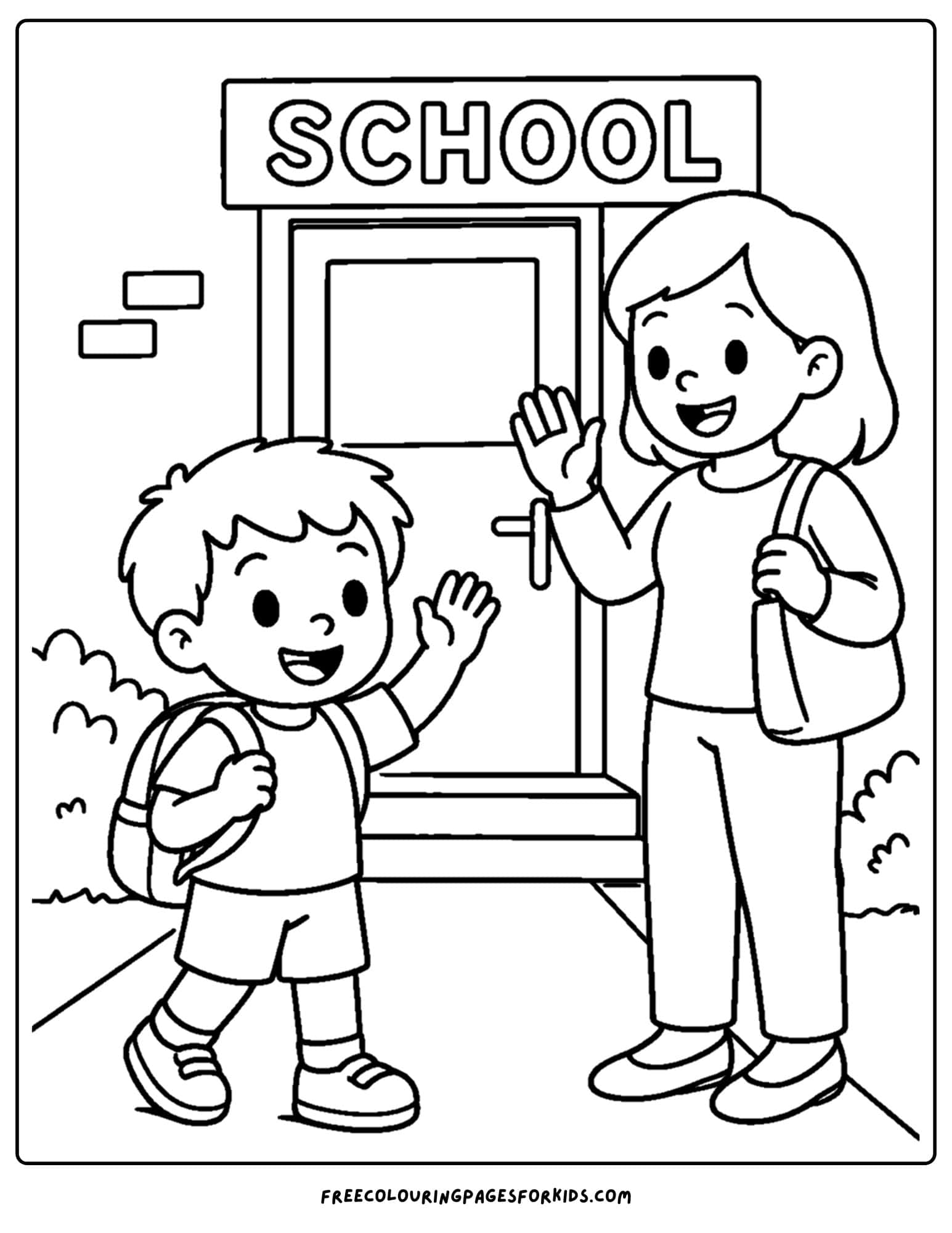 a kindergarten coloring page showing a child waving goodbye at school drop off