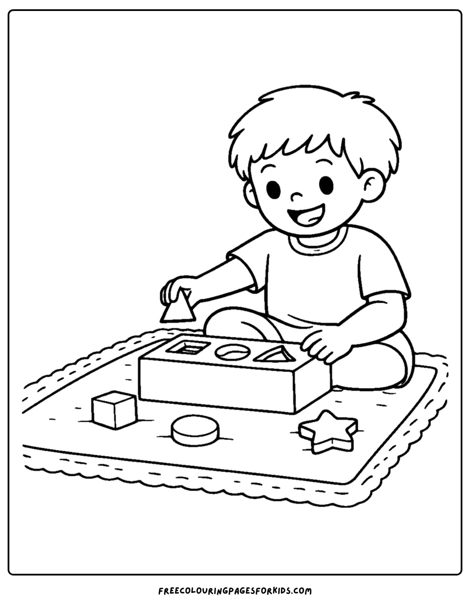 a kindergarten coloring page showing a child playing with sorting shapes