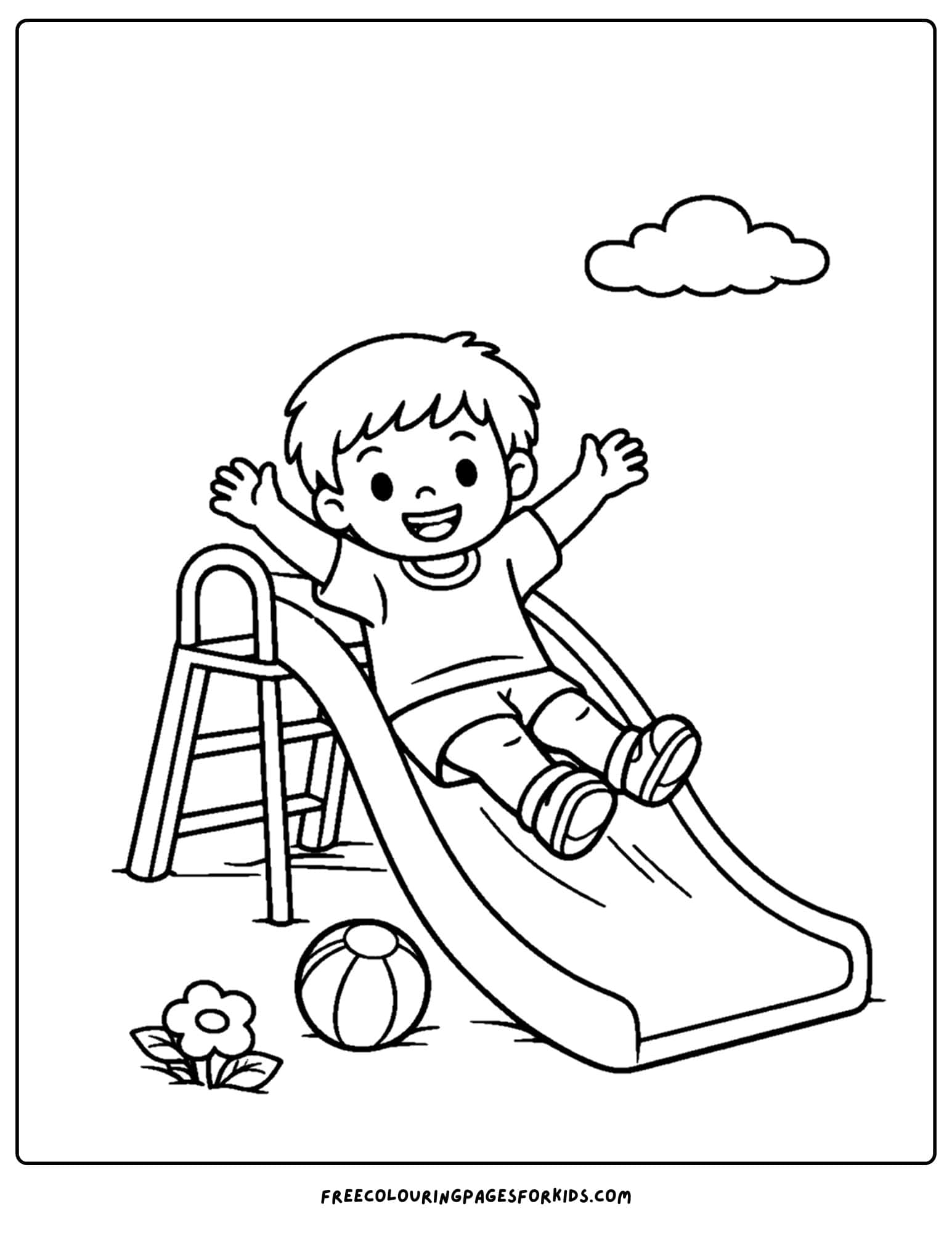 a kindergarten coloring page showing a child playing on a playground slide
