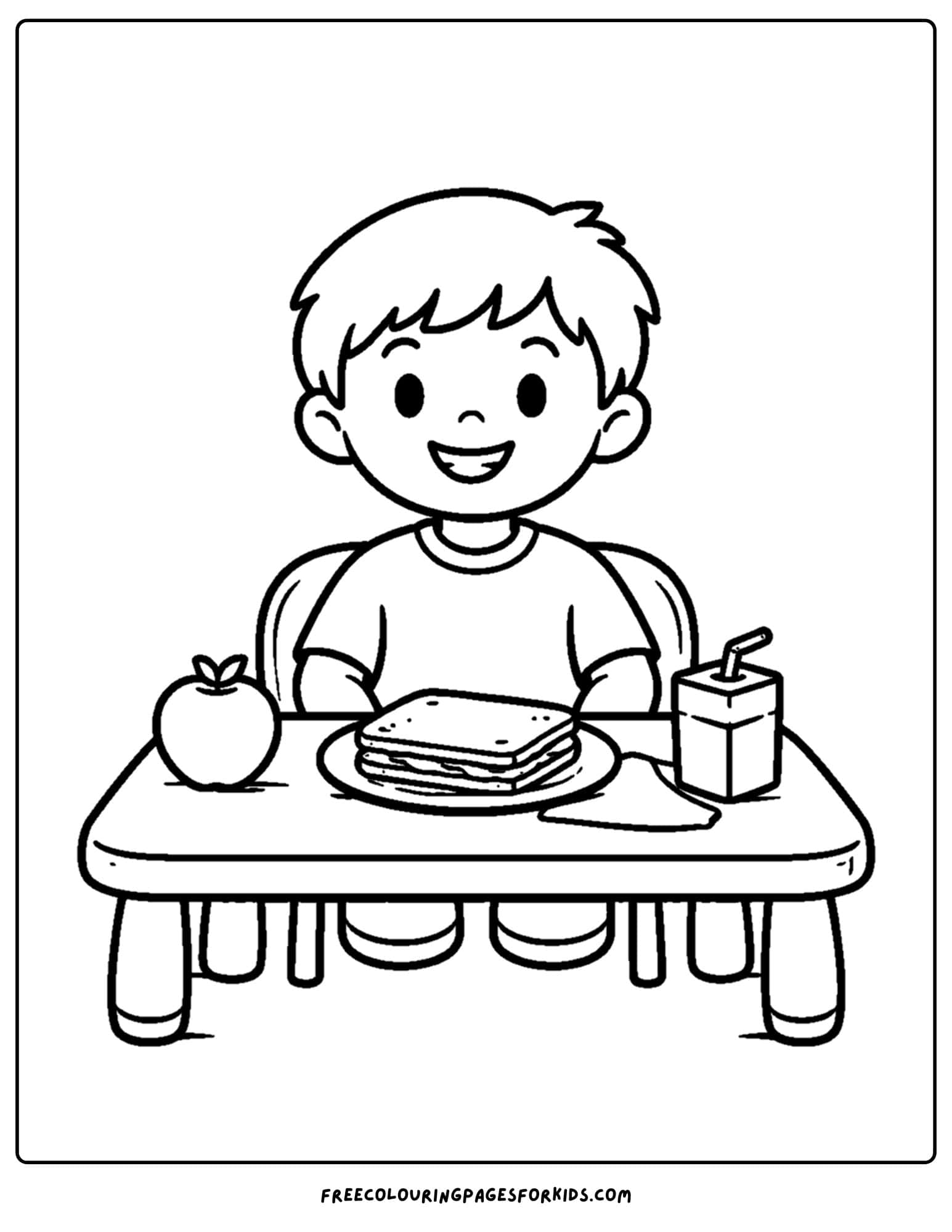 a kindergarten coloring page showing a child sitting down to snack time