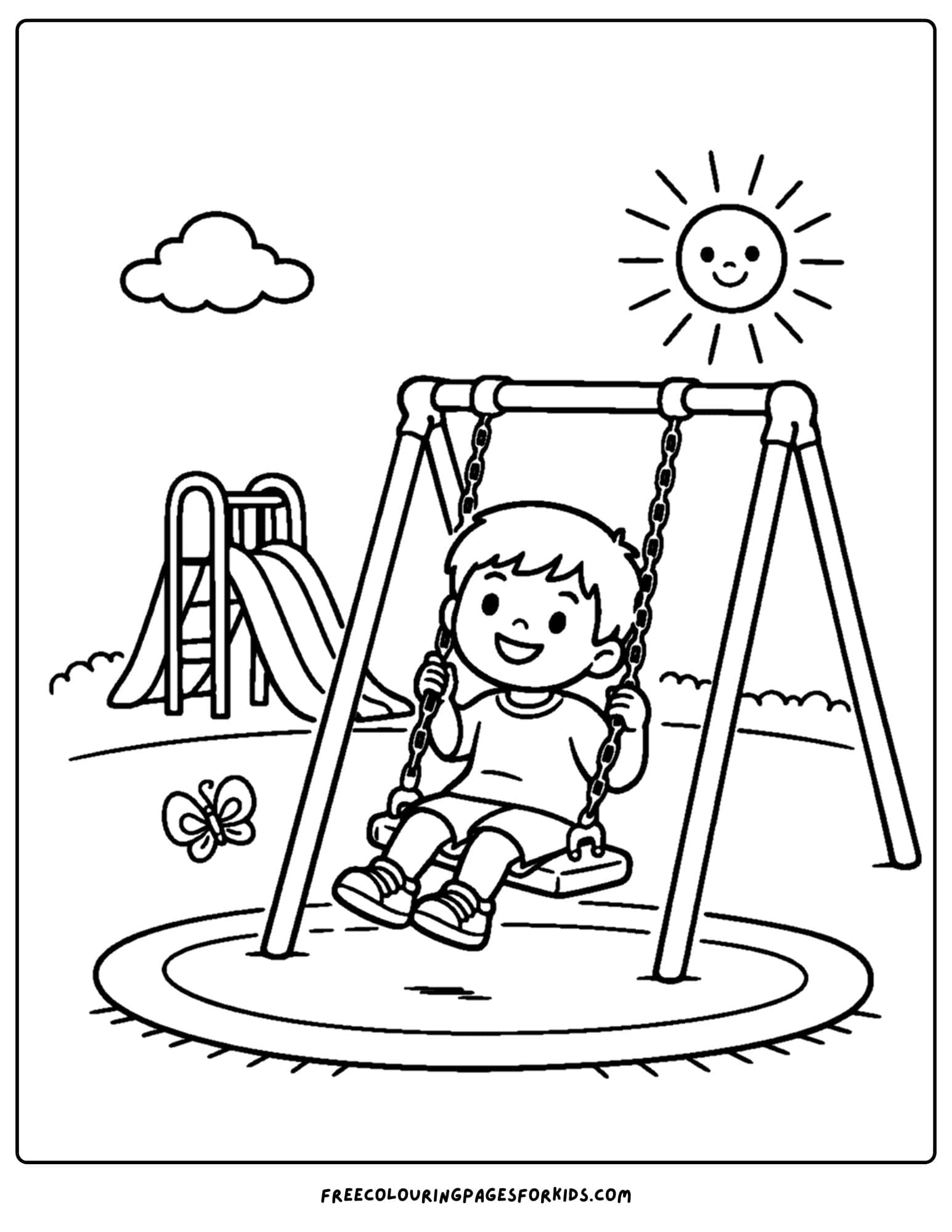 a kindergarten coloring page showing a child happy on a playground swing