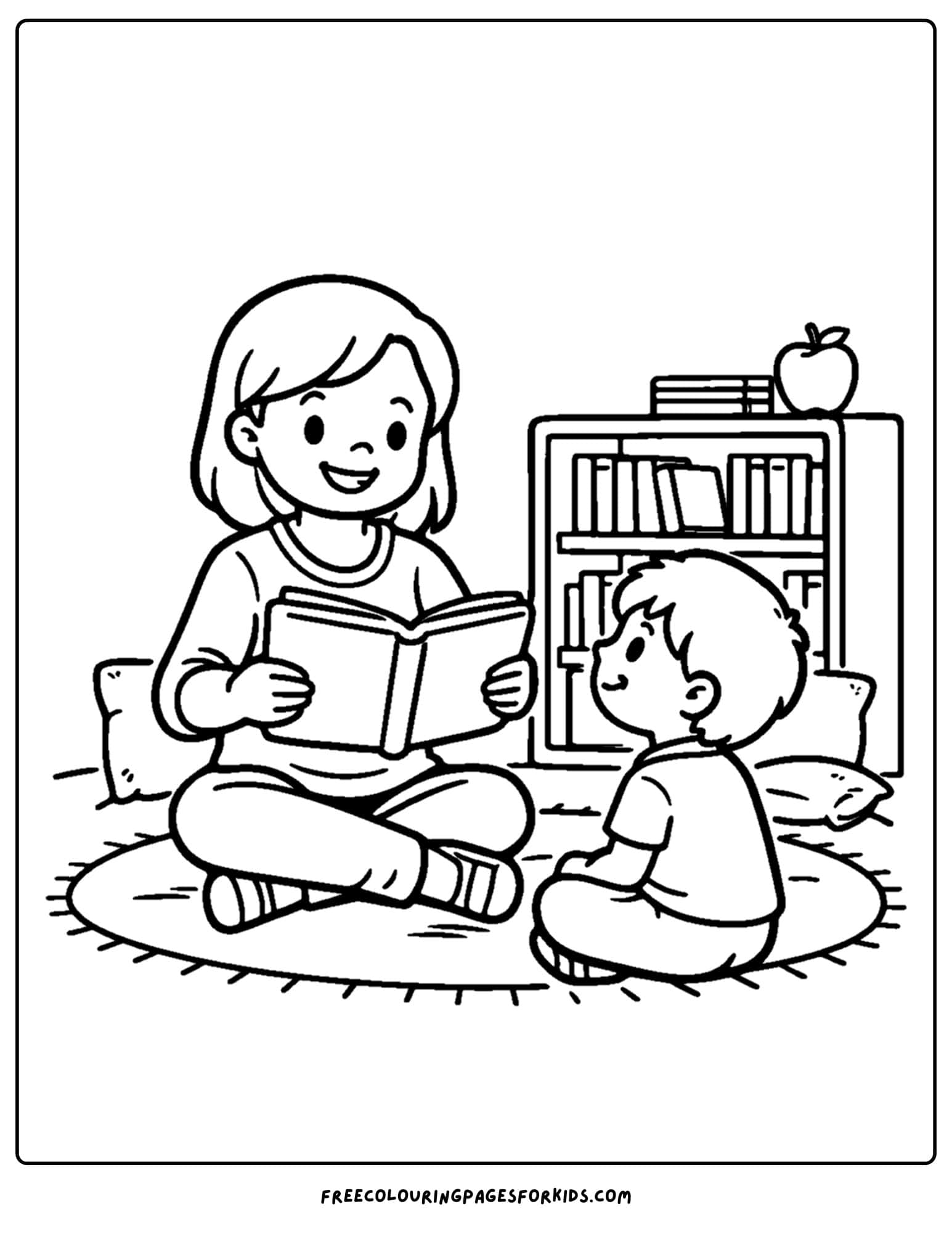 a kindergarten coloring page showing a child listening to a teacher read a book