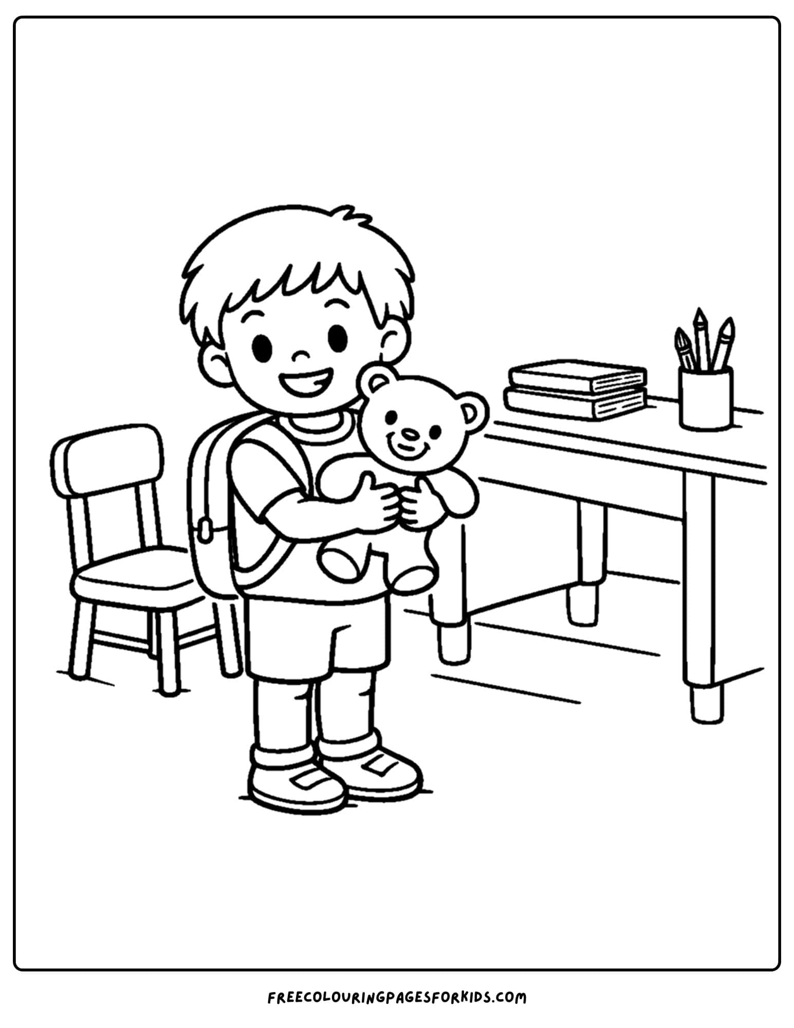 a kindergarten coloring page showing a child hugging a teddy bear