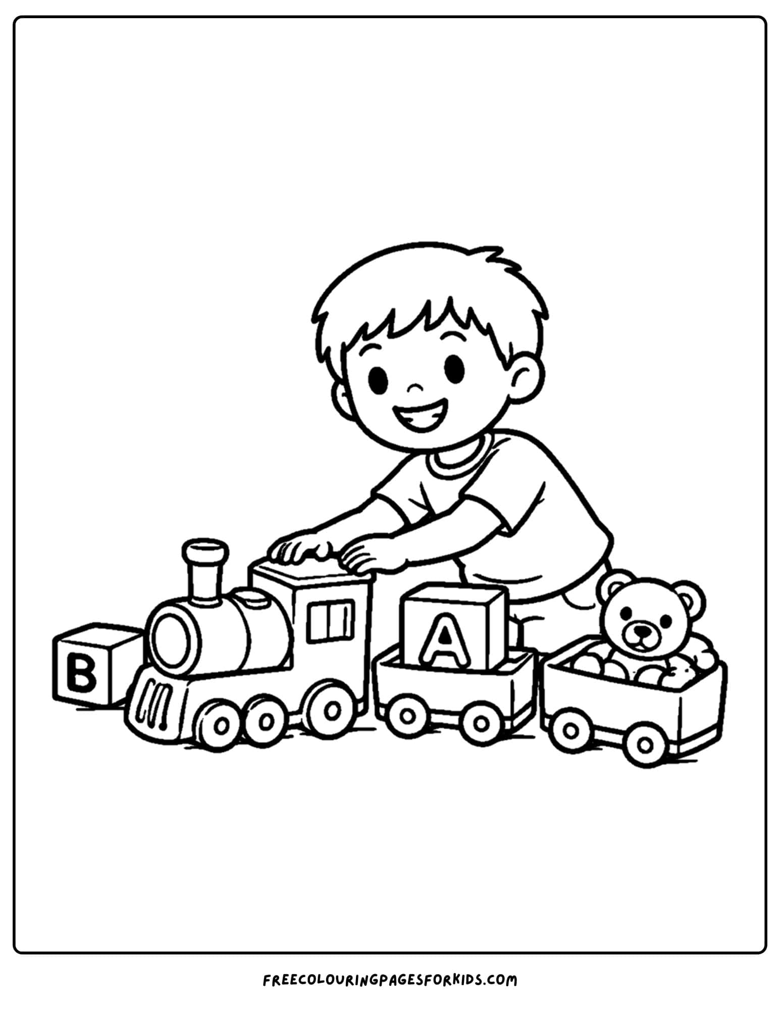 a kindergarten coloring page showing a child playing with a toy train