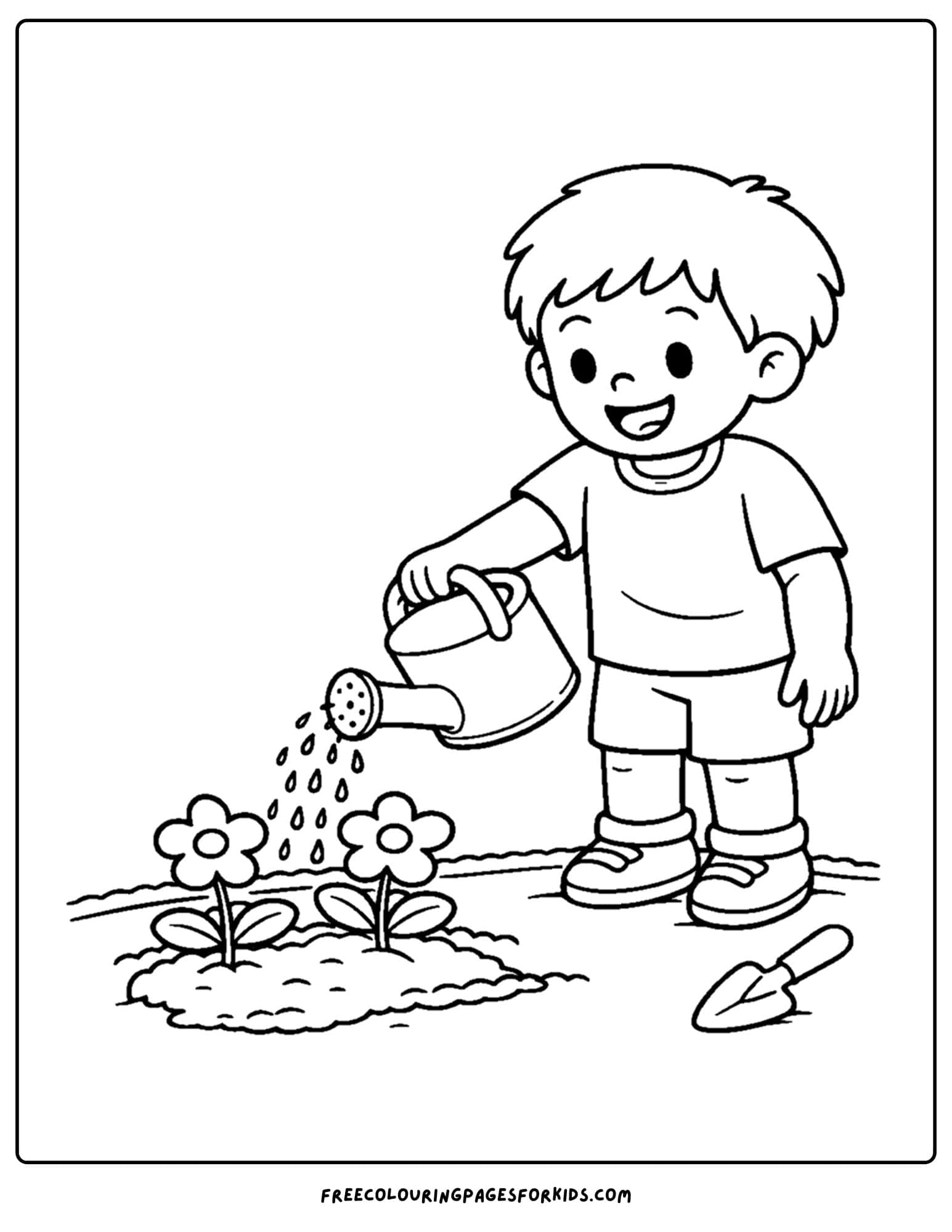 a kindergarten coloring page showing a child watering some flowers