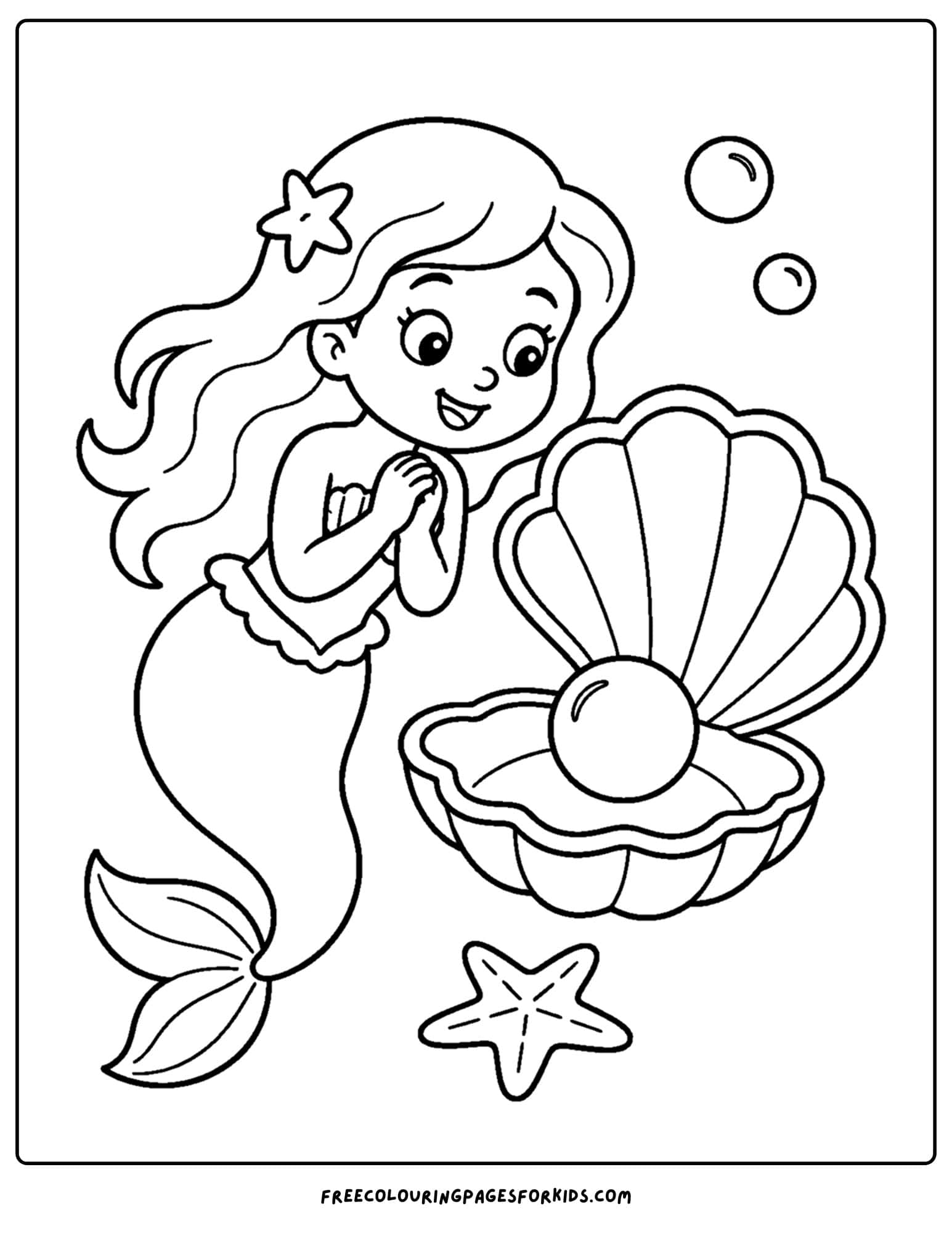 a coloring page of a mermaid admiring a pearl