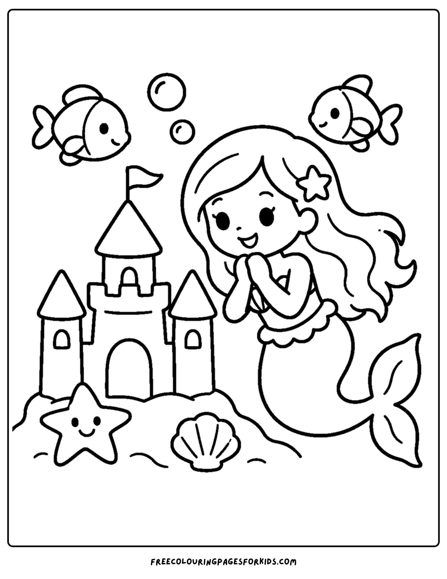 a coloring page of a mermaid admiring a sandcastle