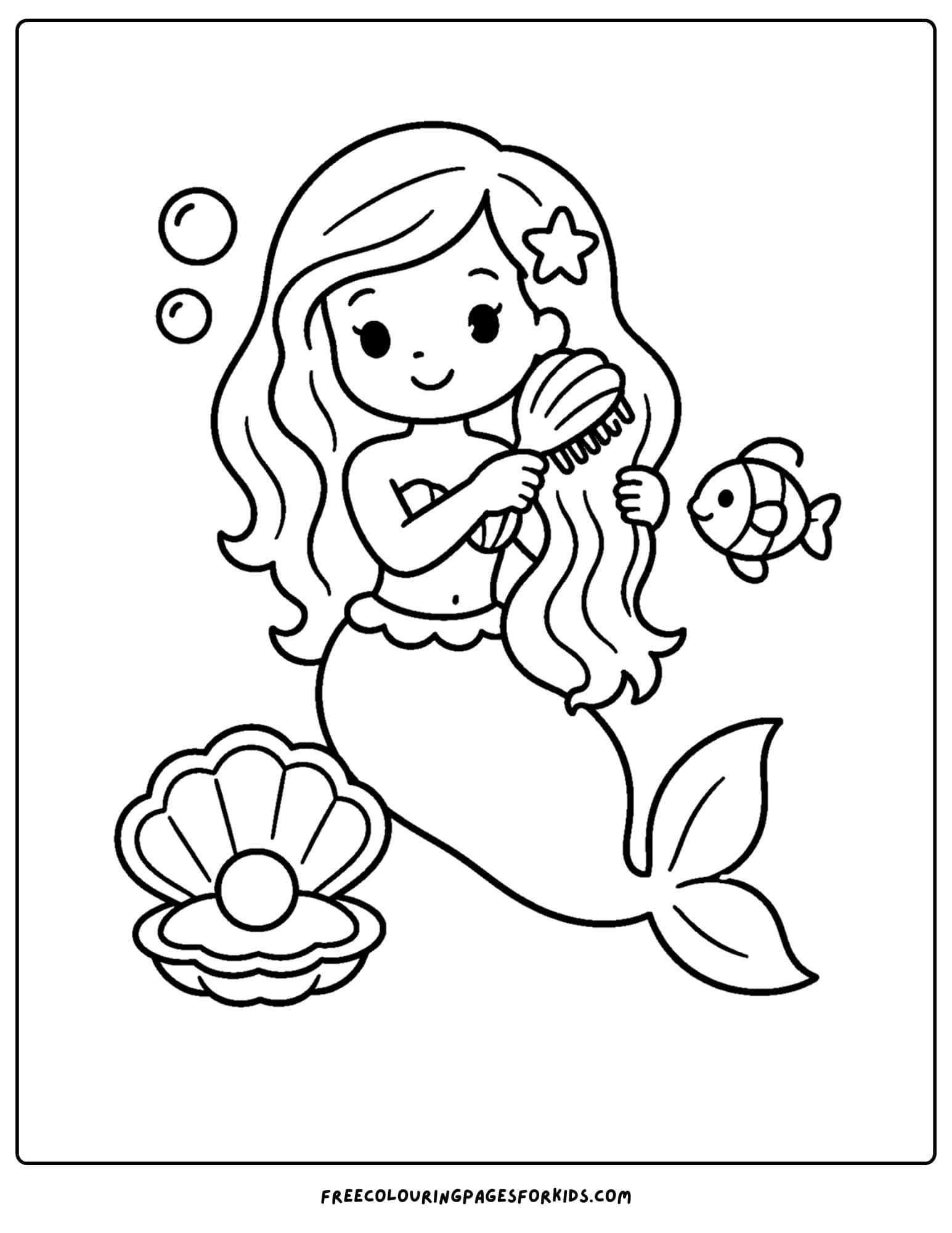 a coloring page of a mermaid brushing her hair