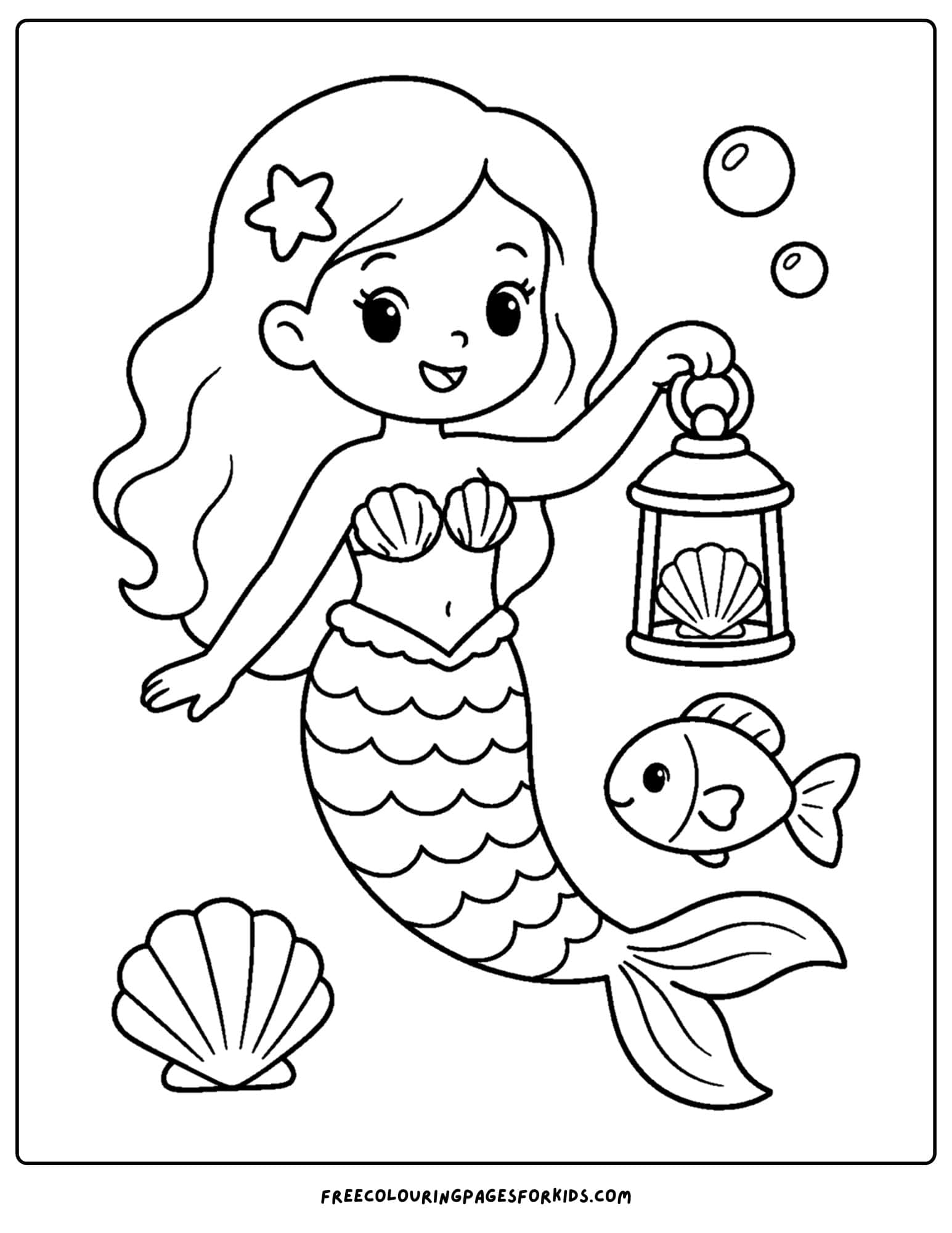 a coloring page of a mermaid holding an underwater lantern